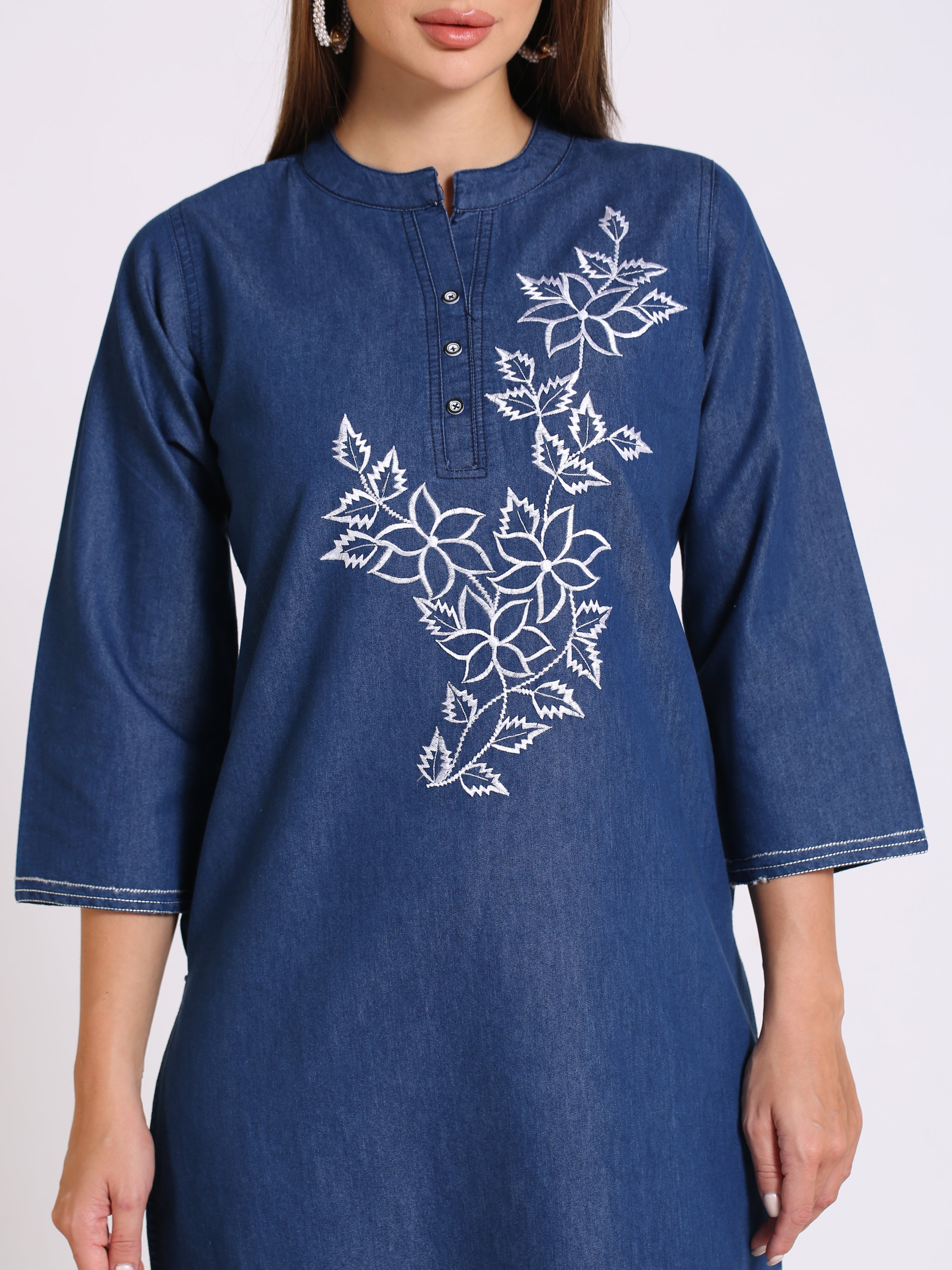 Denim Embroidered Mandarine Collar Kurta