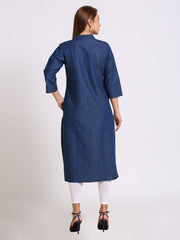 Denim Embroidered Dori stiches work Mandarine Collar Kurta