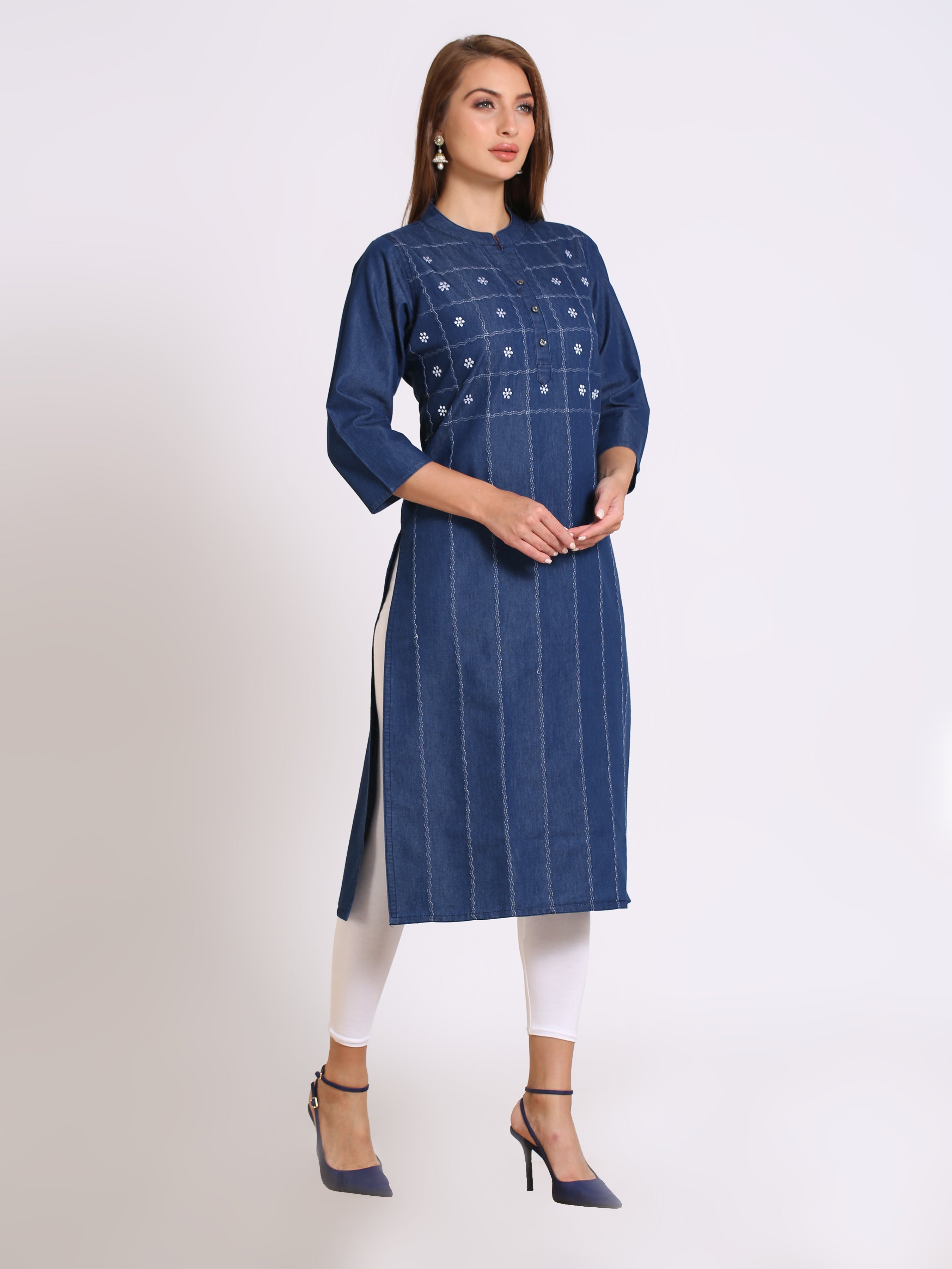 Denim Embroidered Dori stiches work Mandarine Collar Kurta