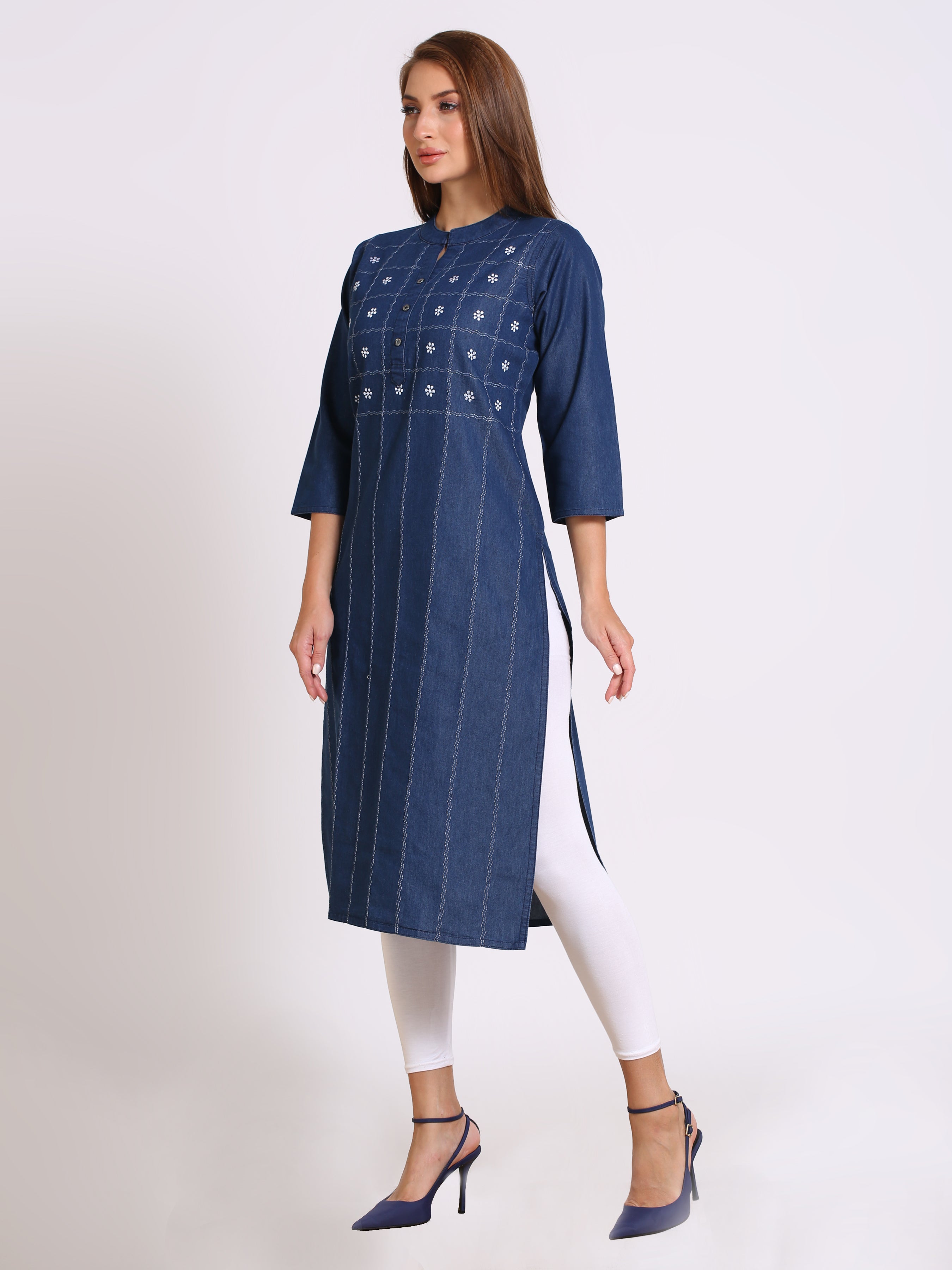 Denim Embroidered Dori stiches work Mandarine Collar Kurta