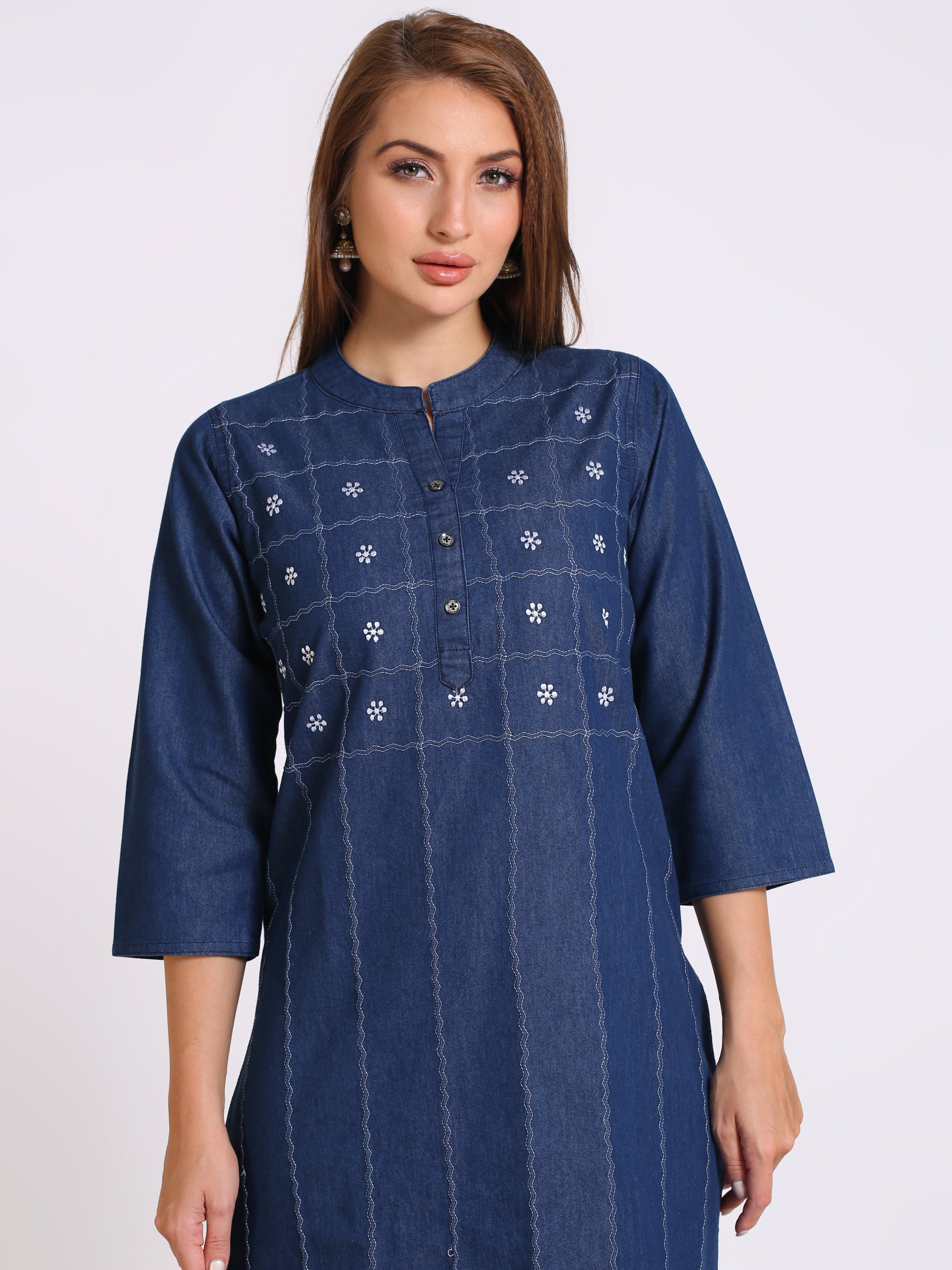 Denim Embroidered Dori stiches work Mandarine Collar Kurta