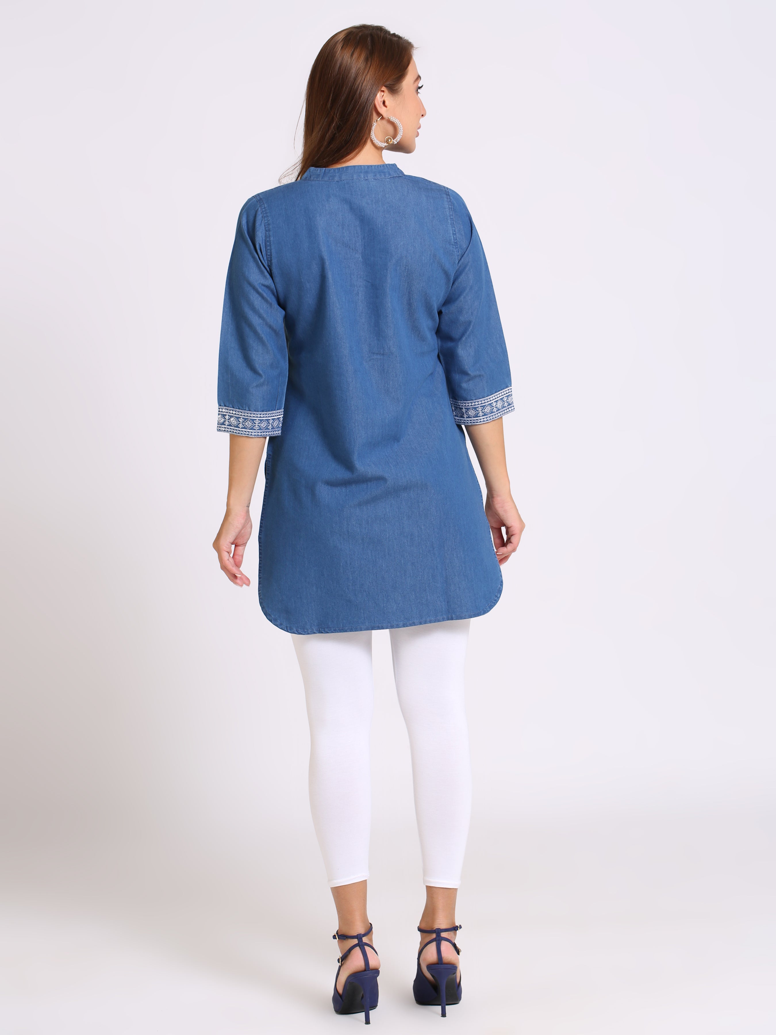 Denim Embroidered Apple Cut Mandarin Collar Kurti