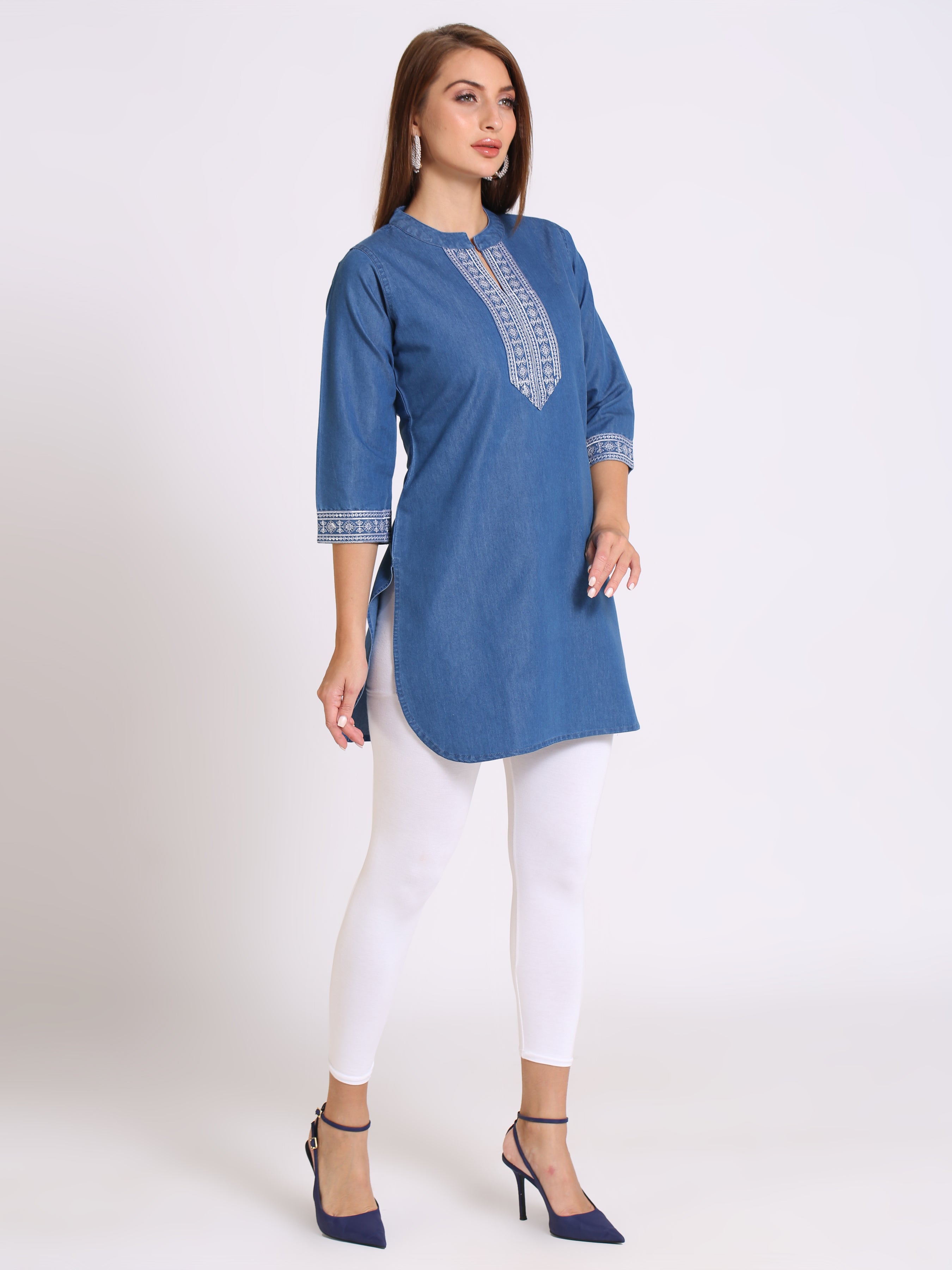 Denim Embroidered Apple Cut Mandarin Collar Kurti