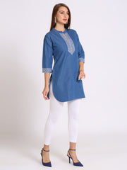 Denim Embroidered Apple Cut Mandarin Collar Kurti