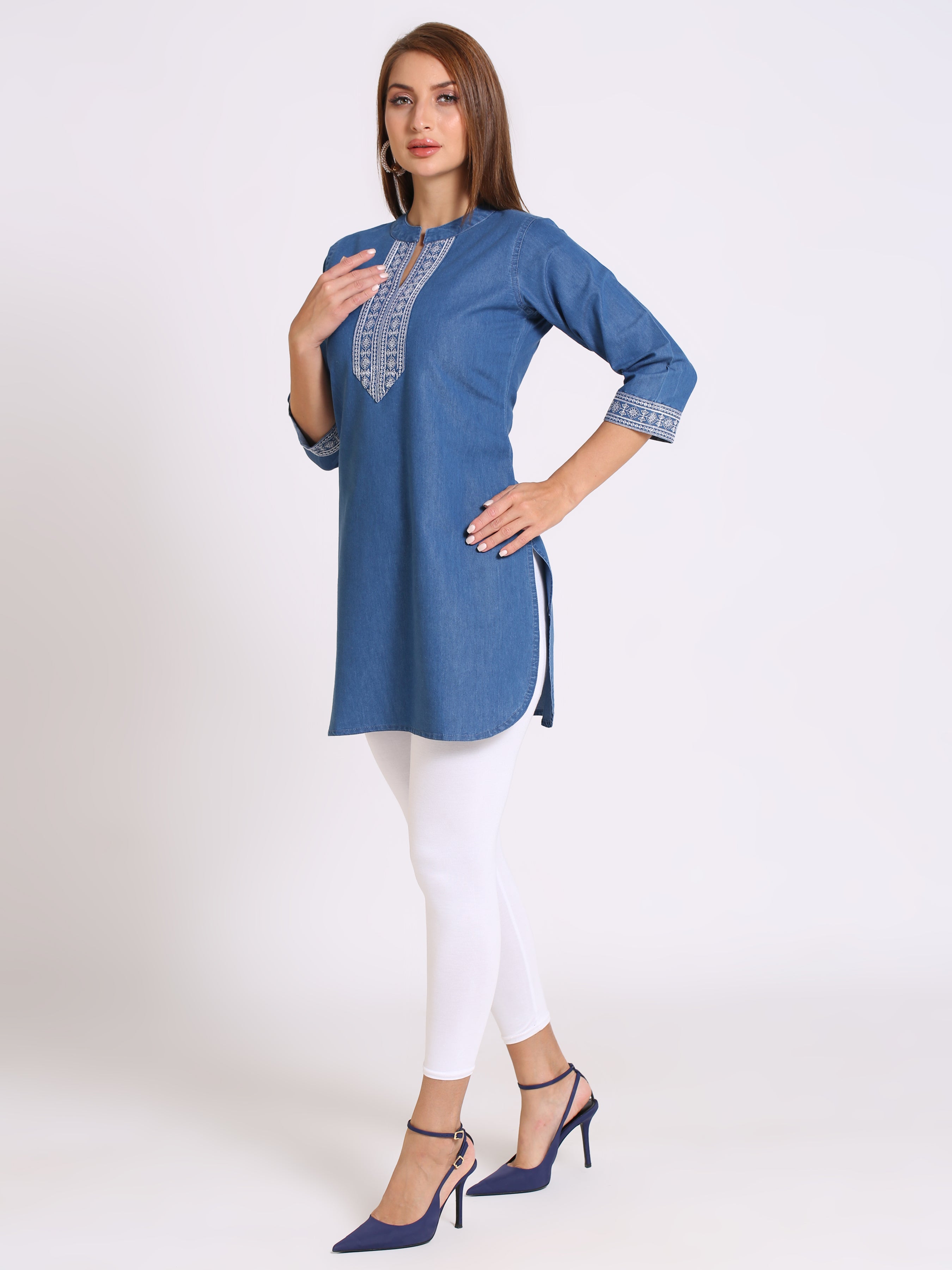 Denim Embroidered Apple Cut Mandarin Collar Kurti