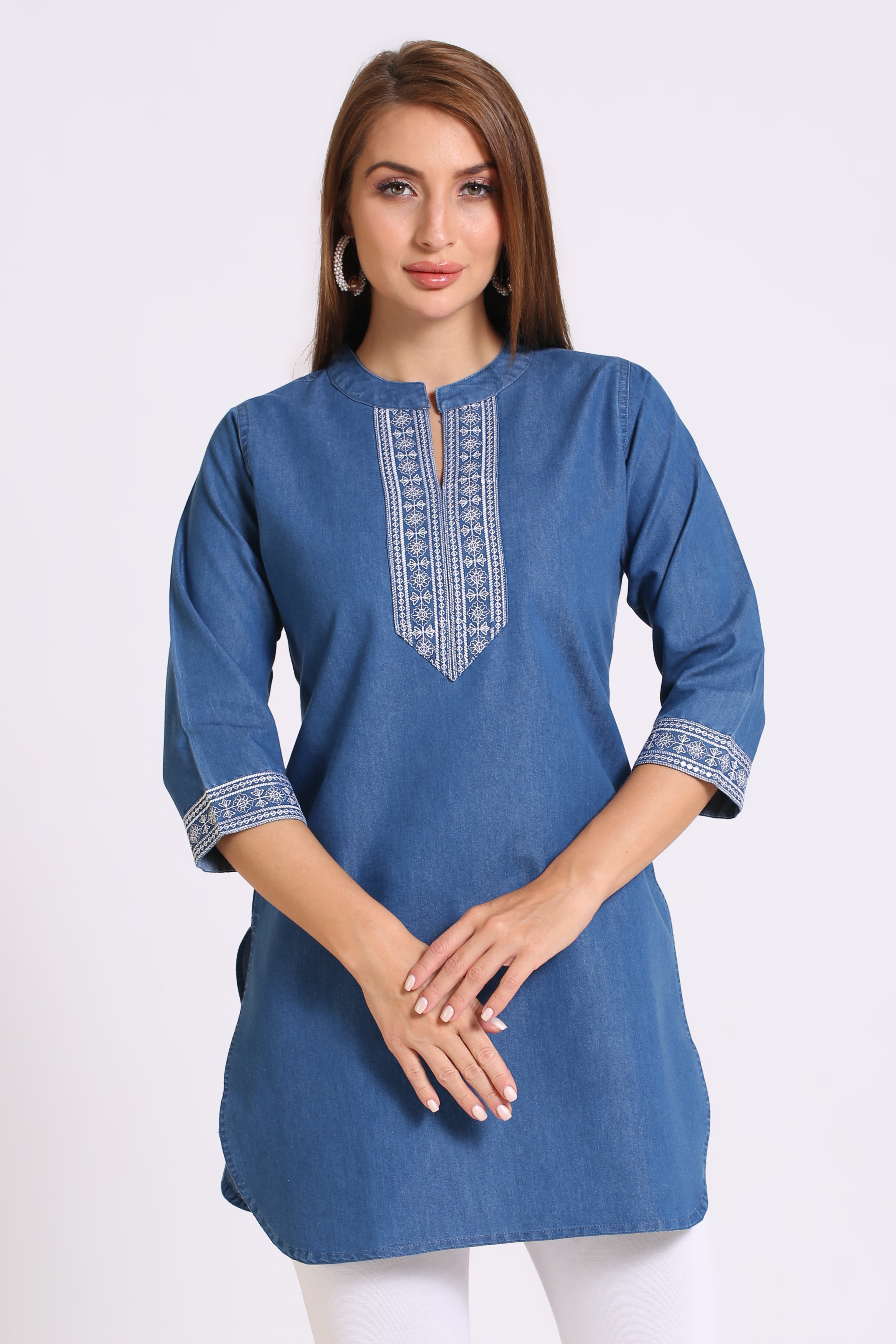 Denim Embroidered Apple Cut Mandarin Collar Kurti