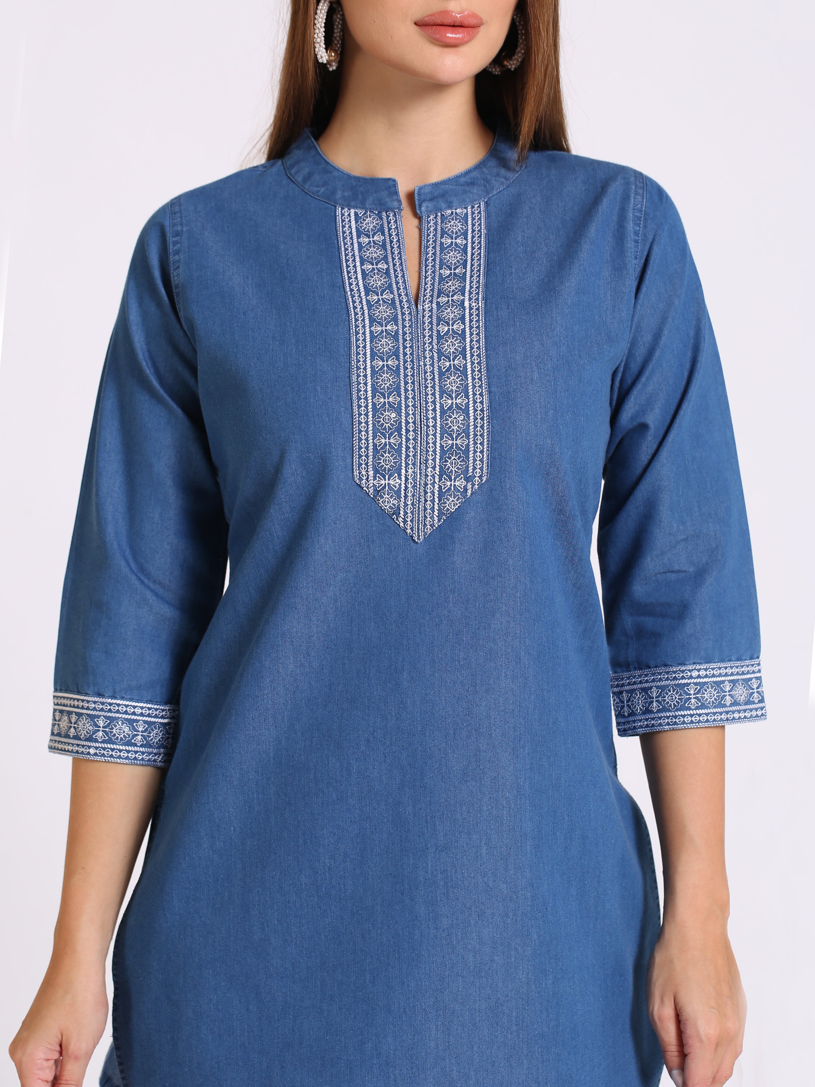 Denim Embroidered Apple Cut Mandarin Collar Kurti