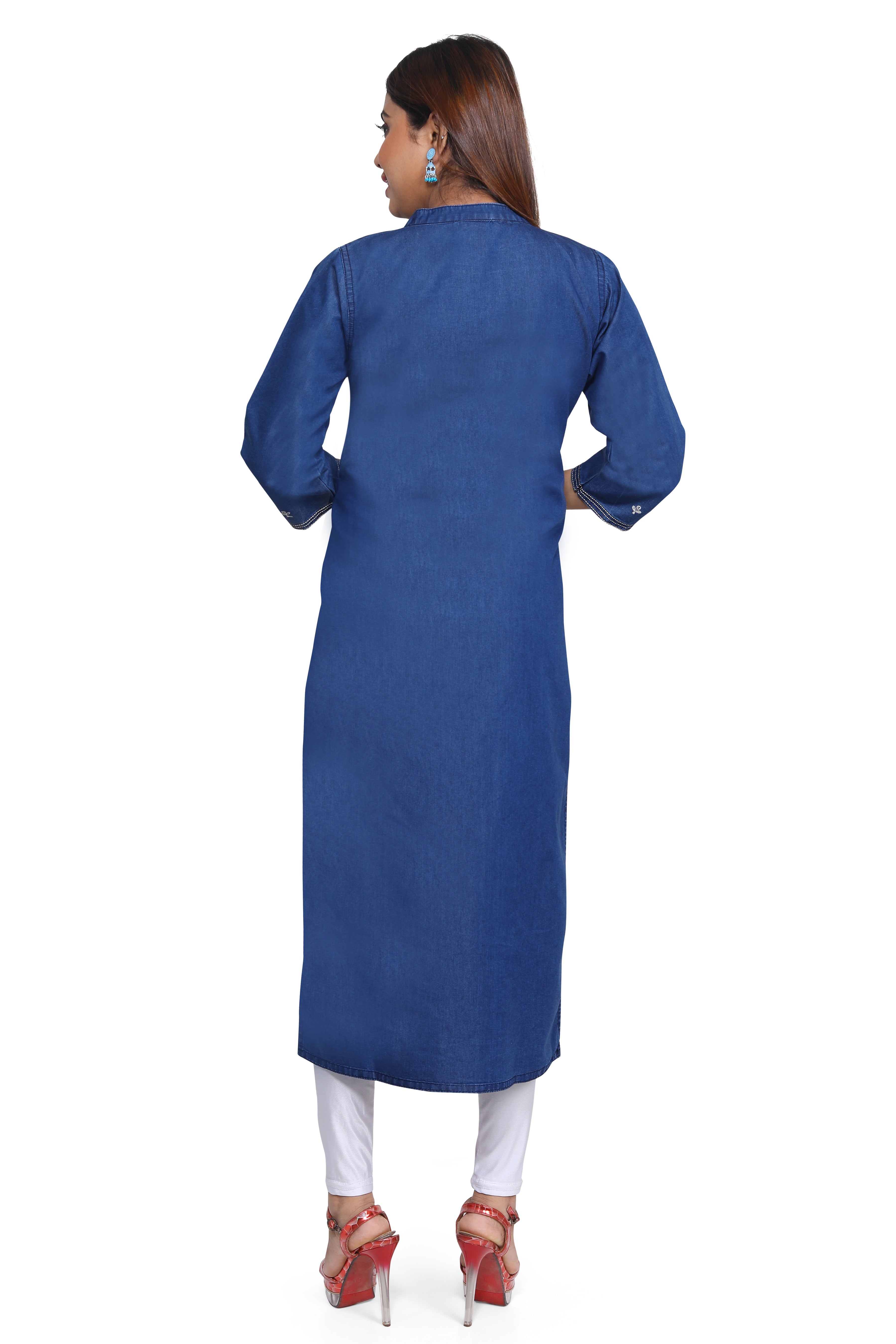 Denim Embroidered Mandarine Collar Kurta