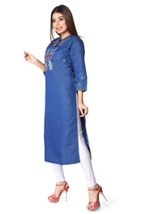 Denim Embroidered Mandarine Collar Kurta