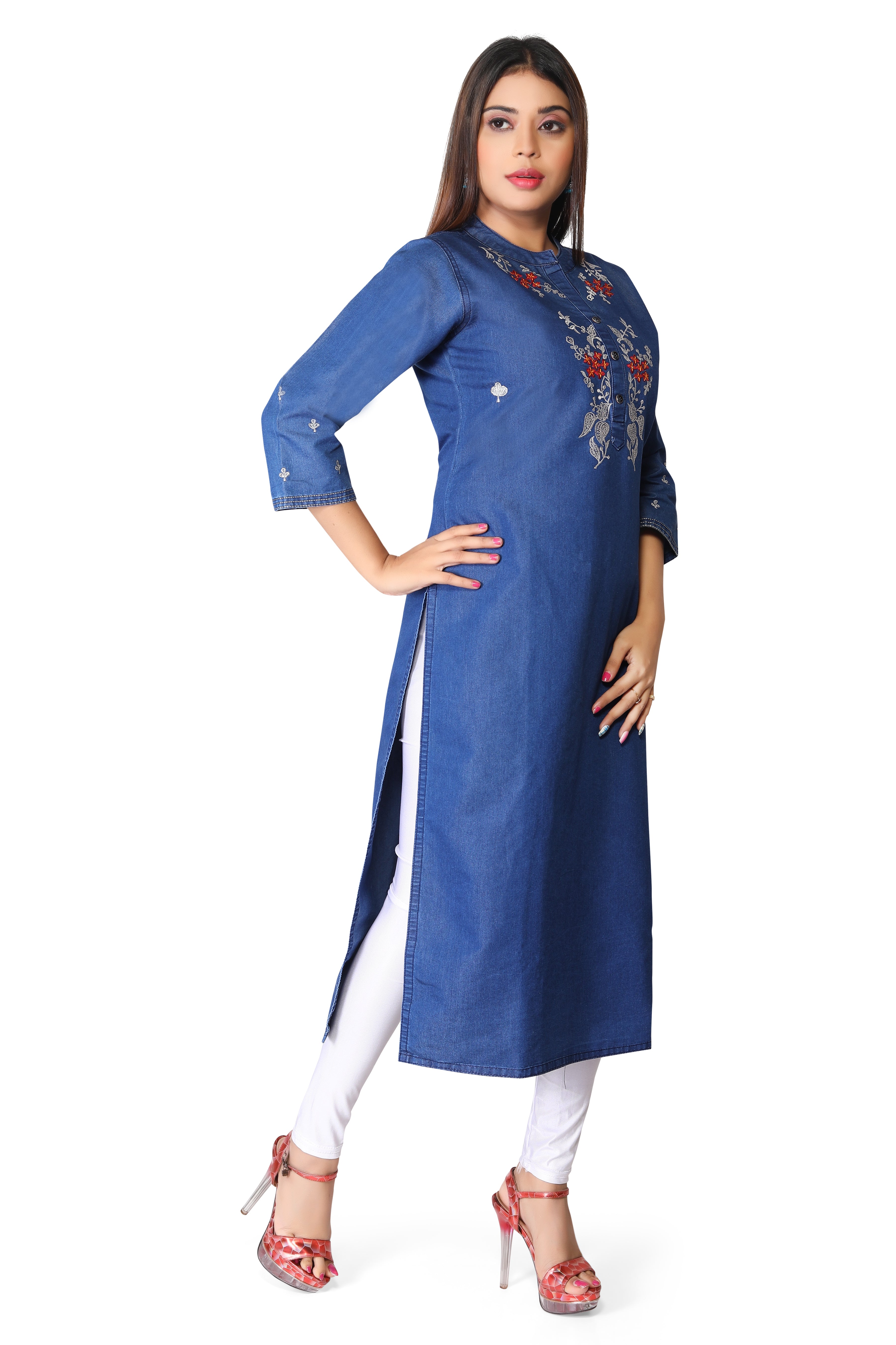 Denim Embroidered Mandarine Collar Kurta