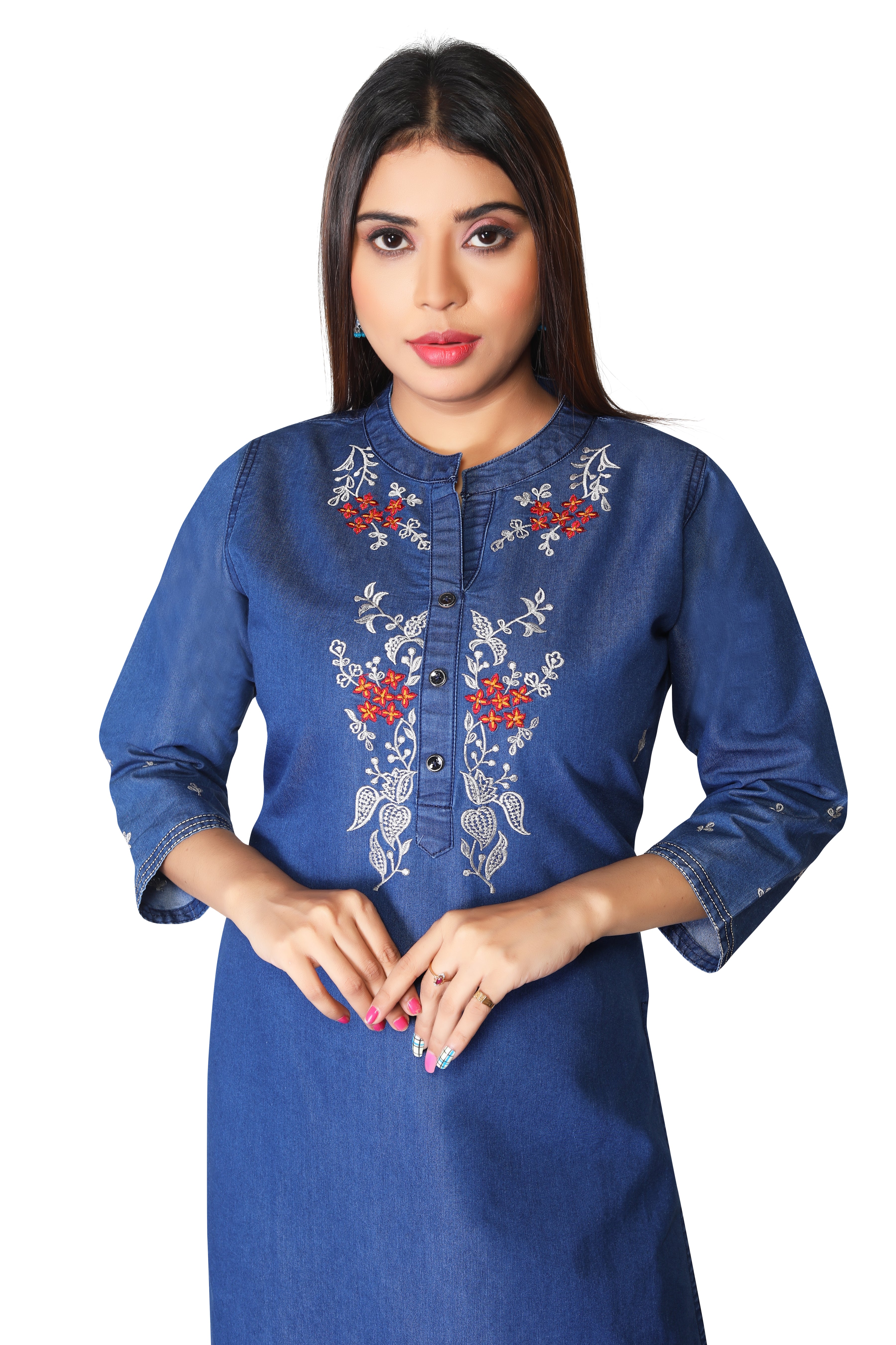 Denim Embroidered Mandarine Collar Kurta