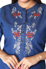 Denim Embroidered Mandarine Collar Kurta