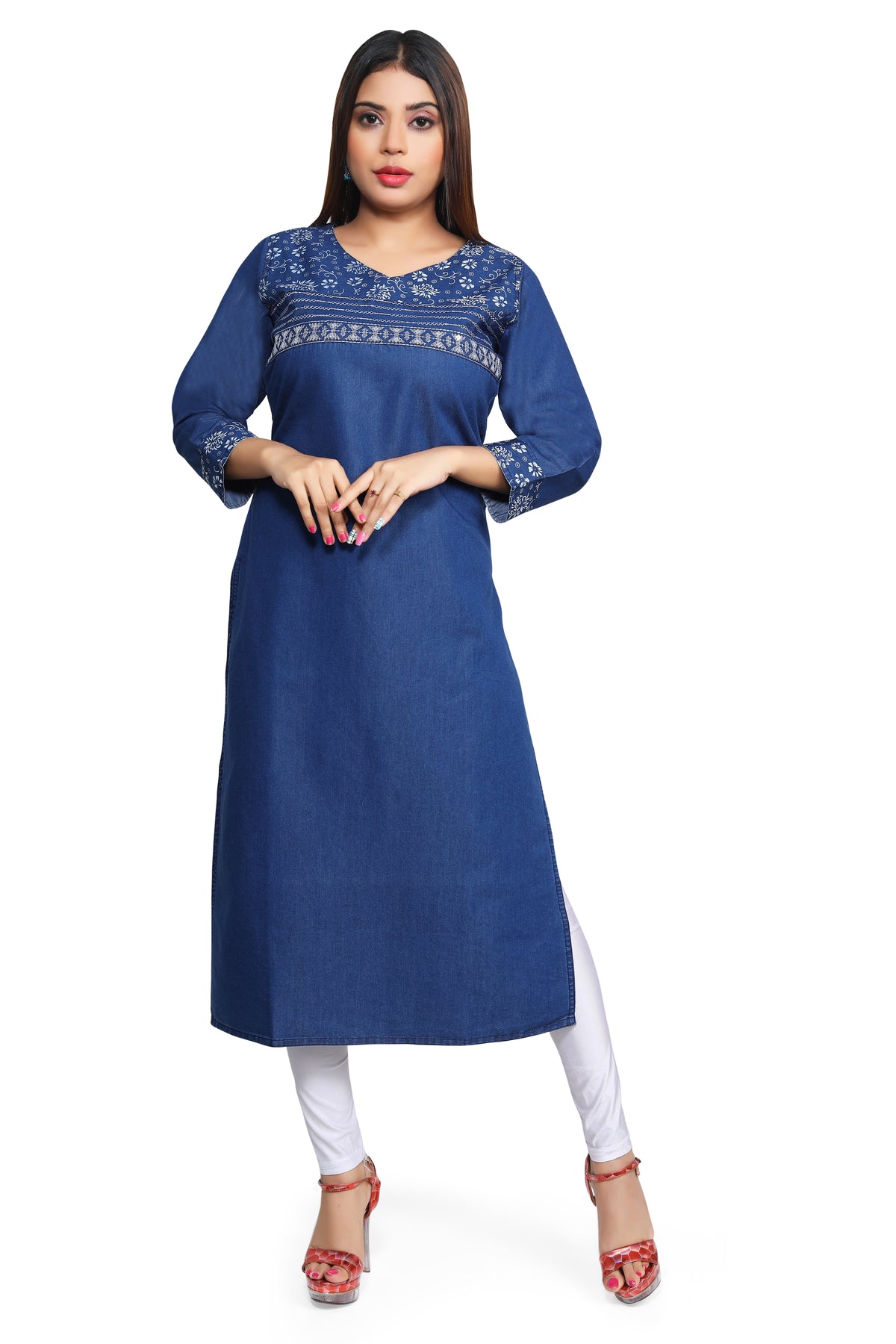 Denim Printed Sequence Embroidered Tabla Round V Neck Kurta