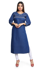 Denim Printed Sequence Embroidered Tabla Round V Neck Kurta