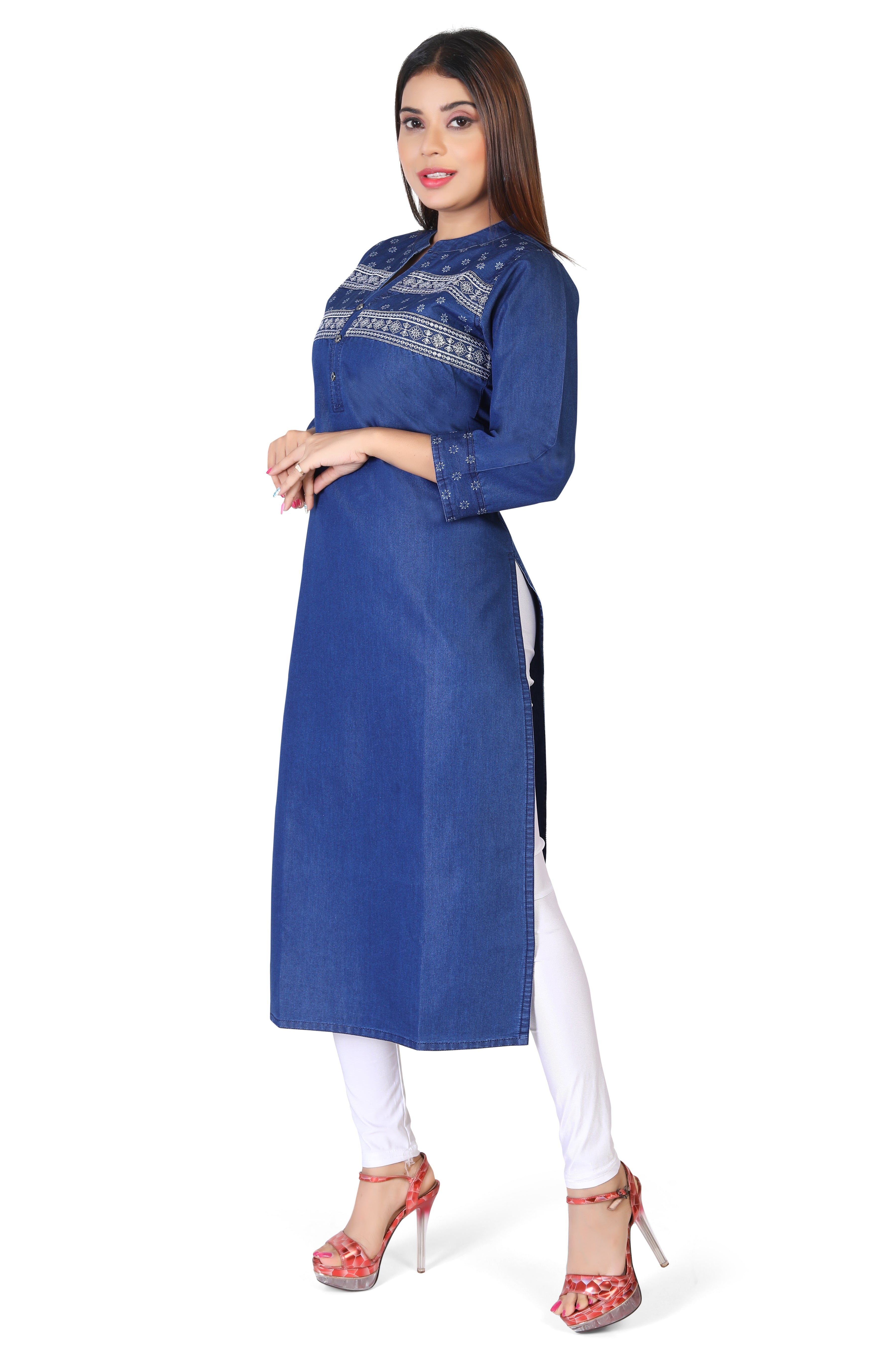 Denim Printed Sequence Embroidered Tabla Mandarine Collar Kurta