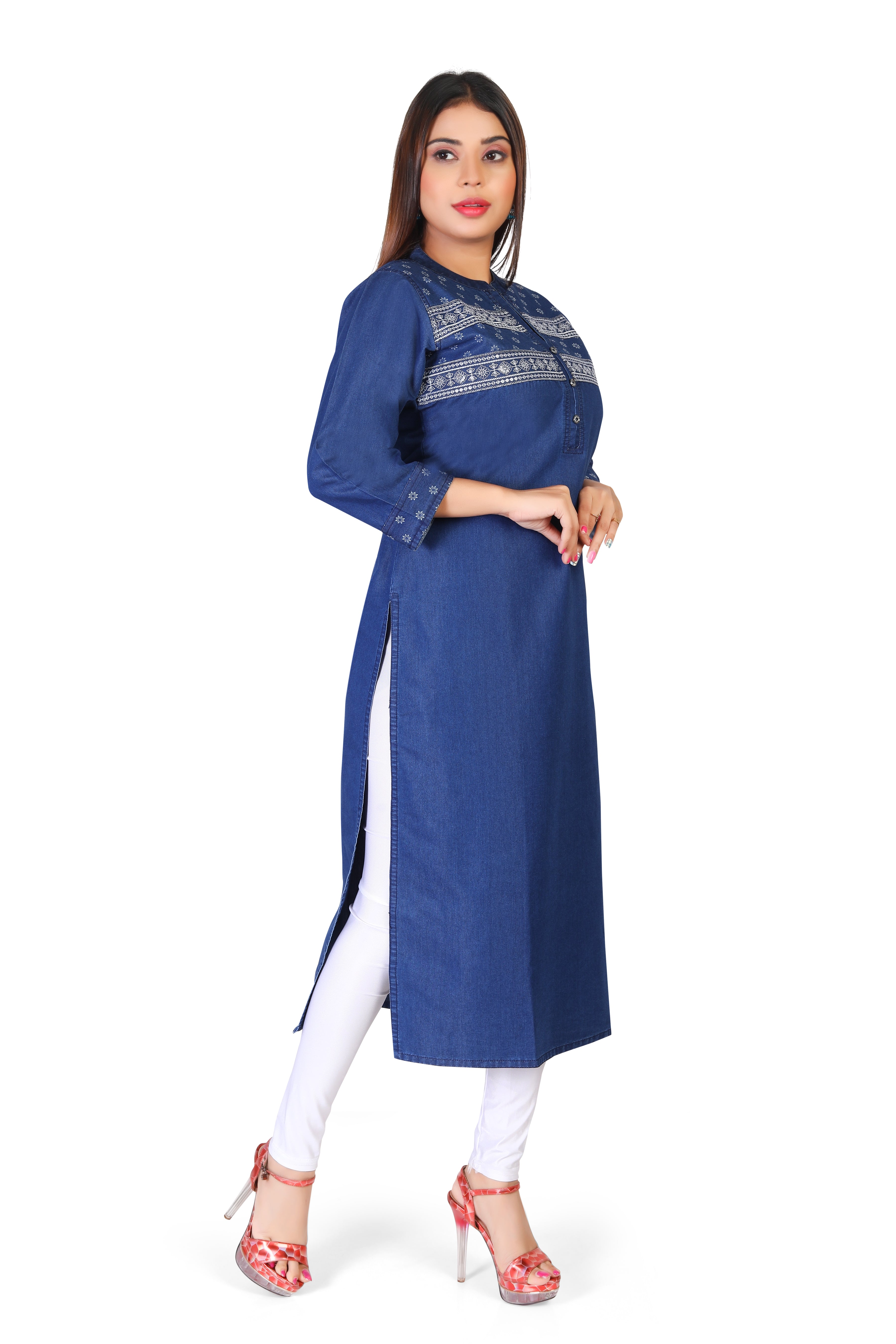 Denim Printed Sequence Embroidered Tabla Mandarine Collar Kurta