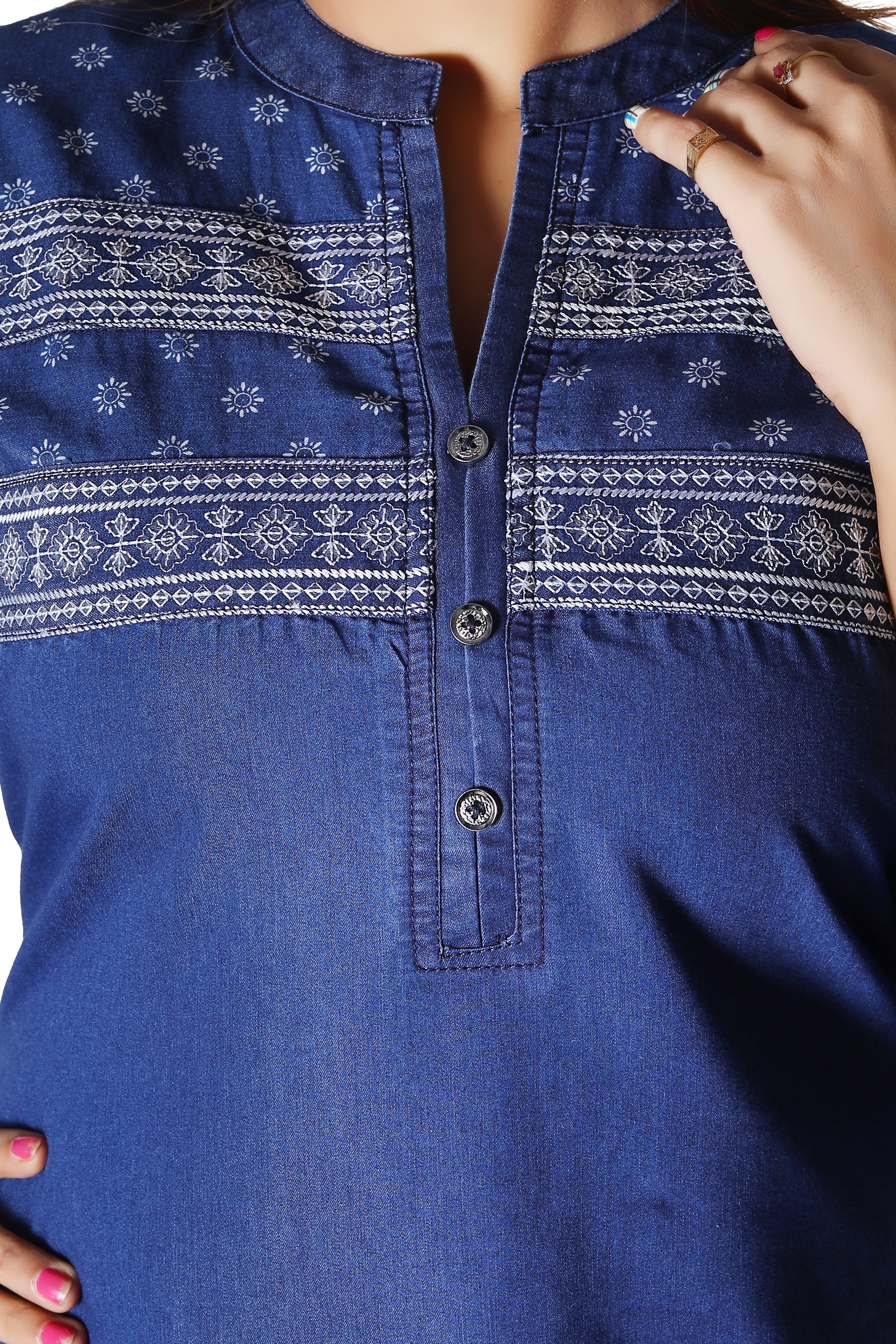 Denim Printed Sequence Embroidered Tabla Mandarine Collar Kurta