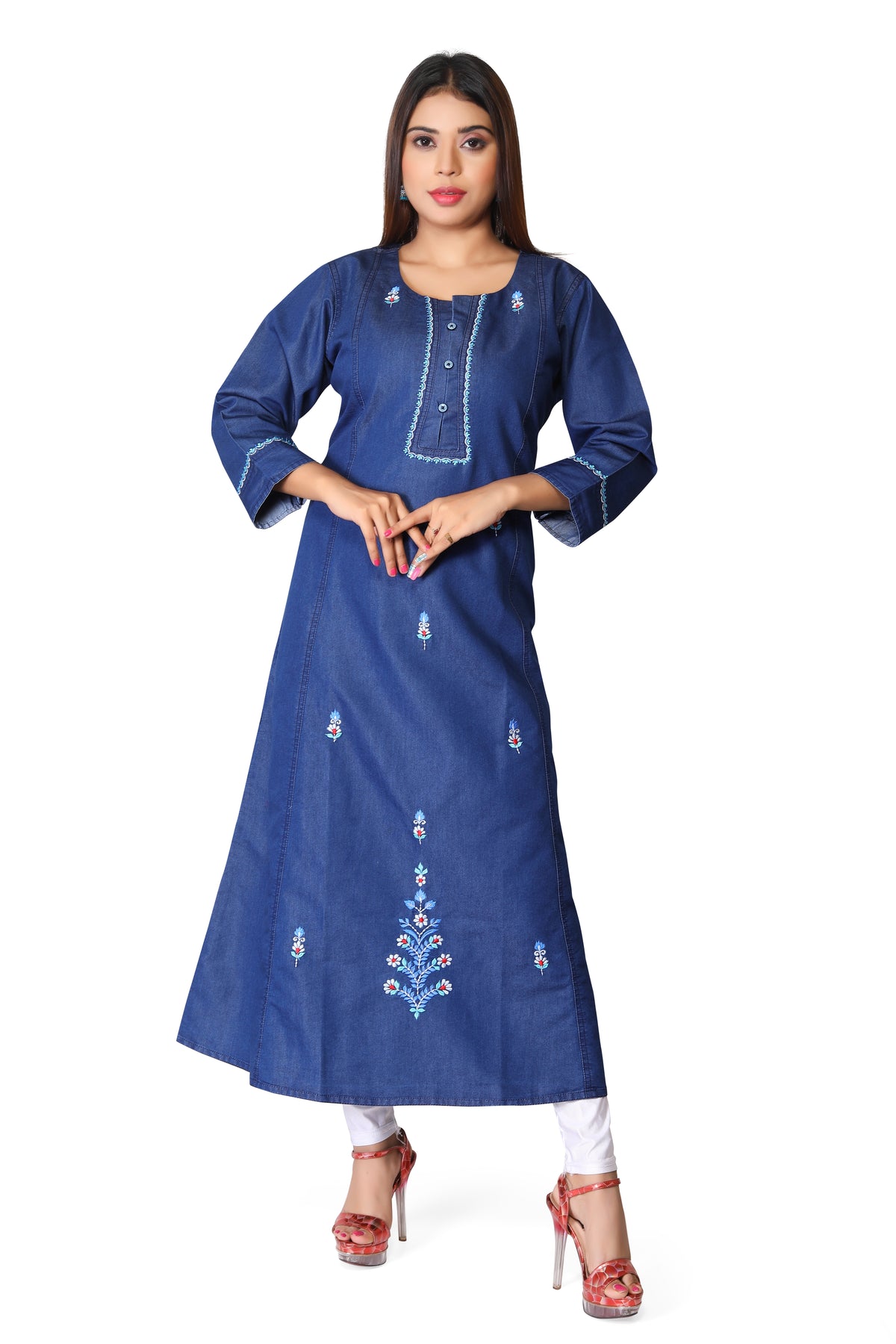 Denim Embroidered Butta Round Neck A Line Dress