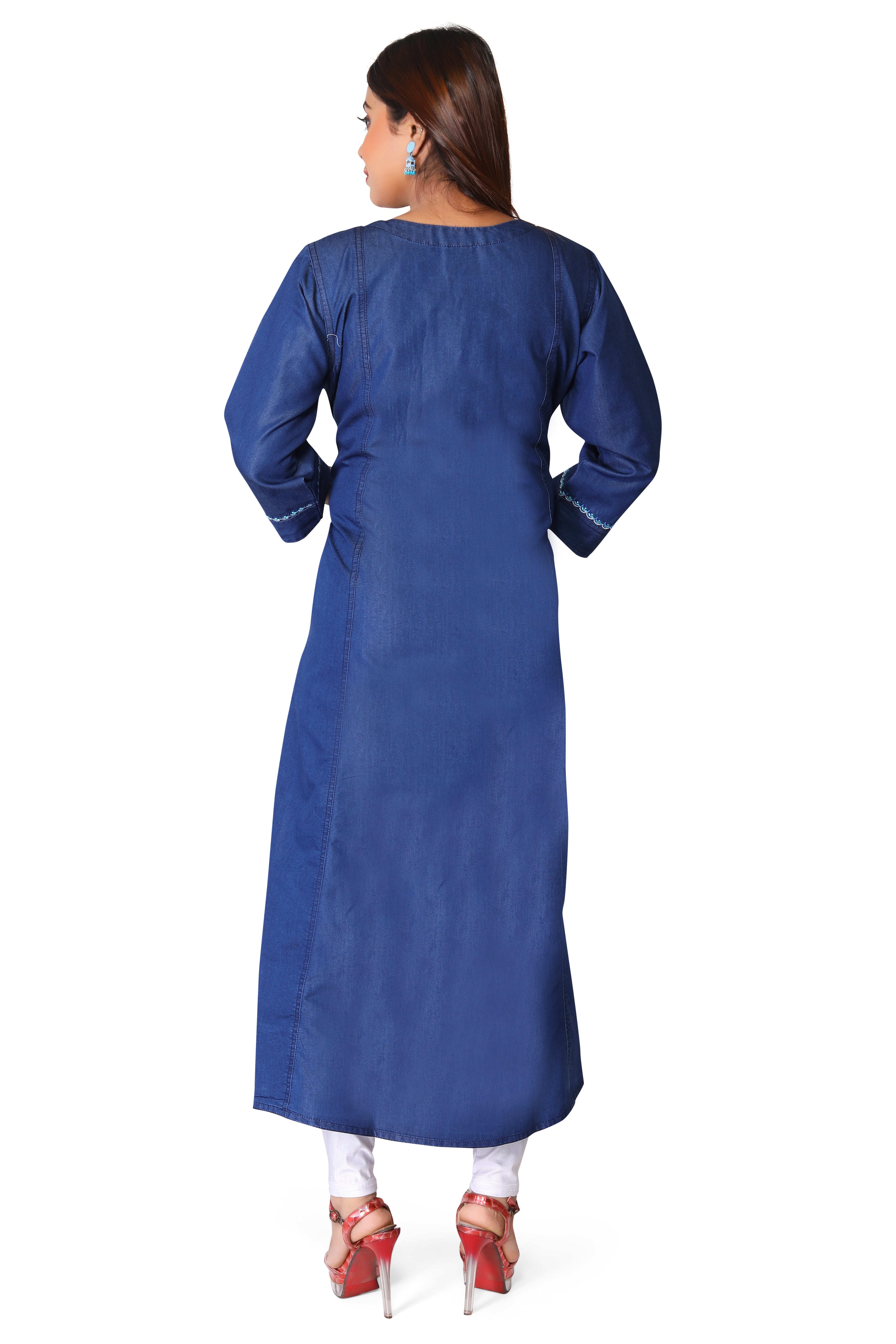 Denim Embroidered Butta Round Neck A Line Dress
