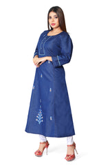 Denim Embroidered Butta Round Neck A Line Dress
