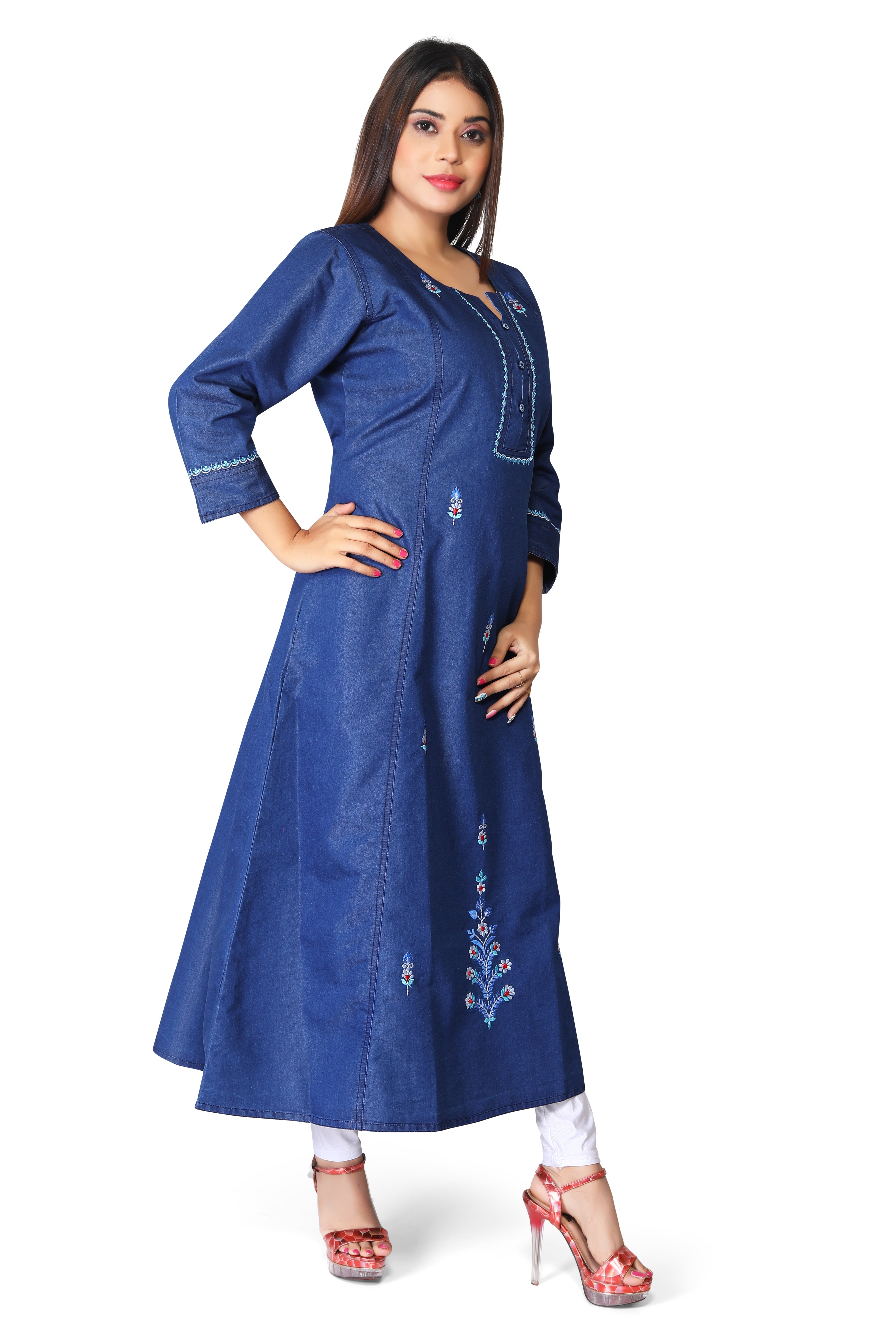 Denim Embroidered Butta Round Neck A Line Dress