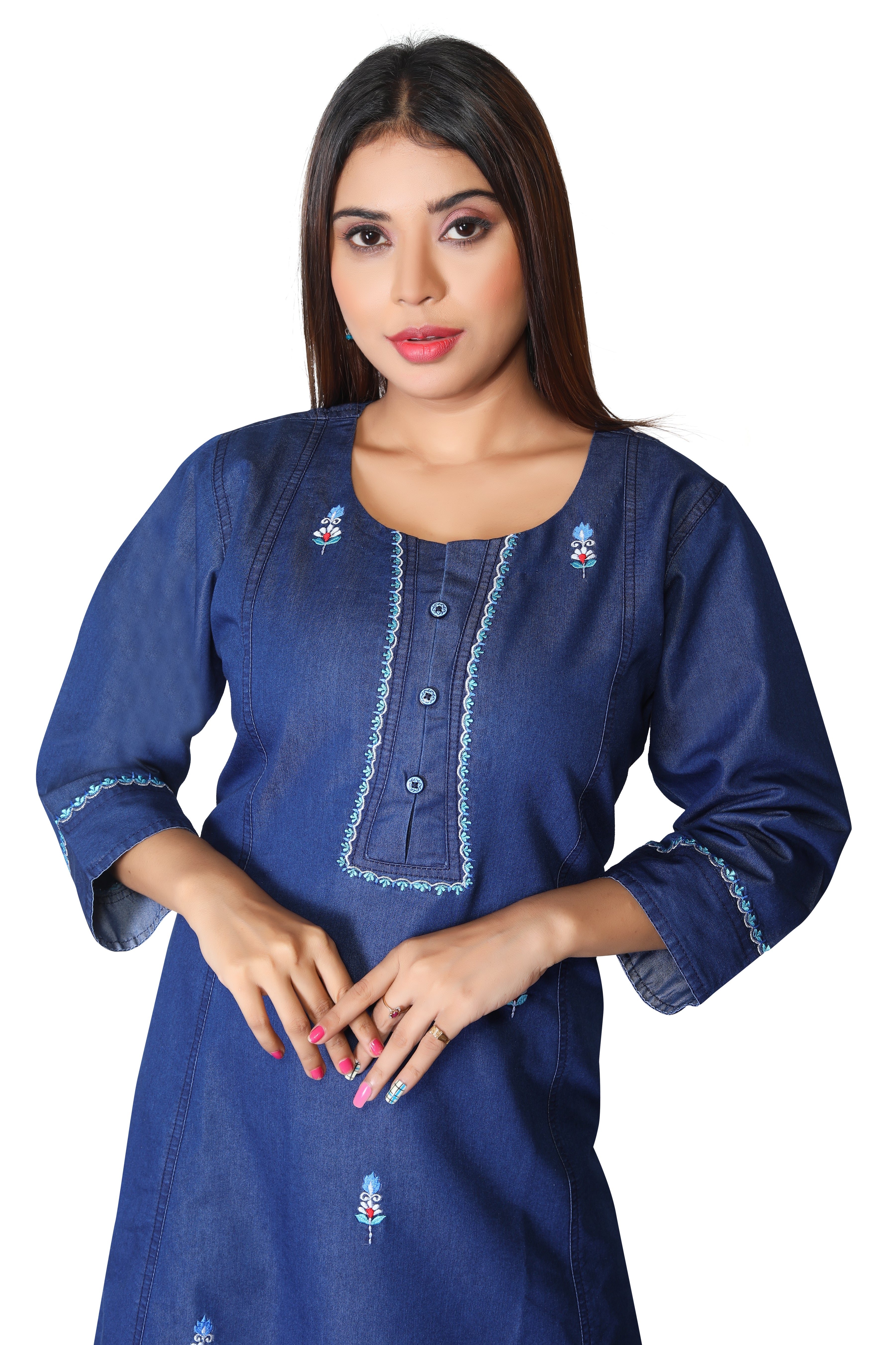 Denim Embroidered Butta Round Neck A Line Dress