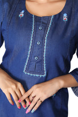 Denim Embroidered Butta Round Neck A Line Dress