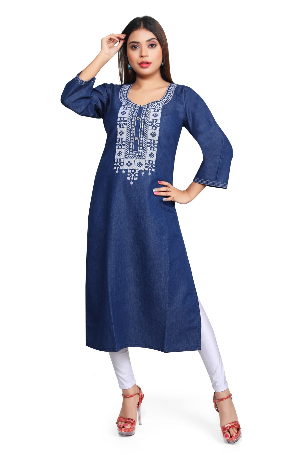 Denim Embroidered Cross stiches Round Neck Kurta