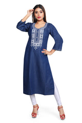 Denim Embroidered Cross stiches Round Neck Kurta