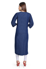 Denim Embroidered Cross stiches Round Neck Kurta