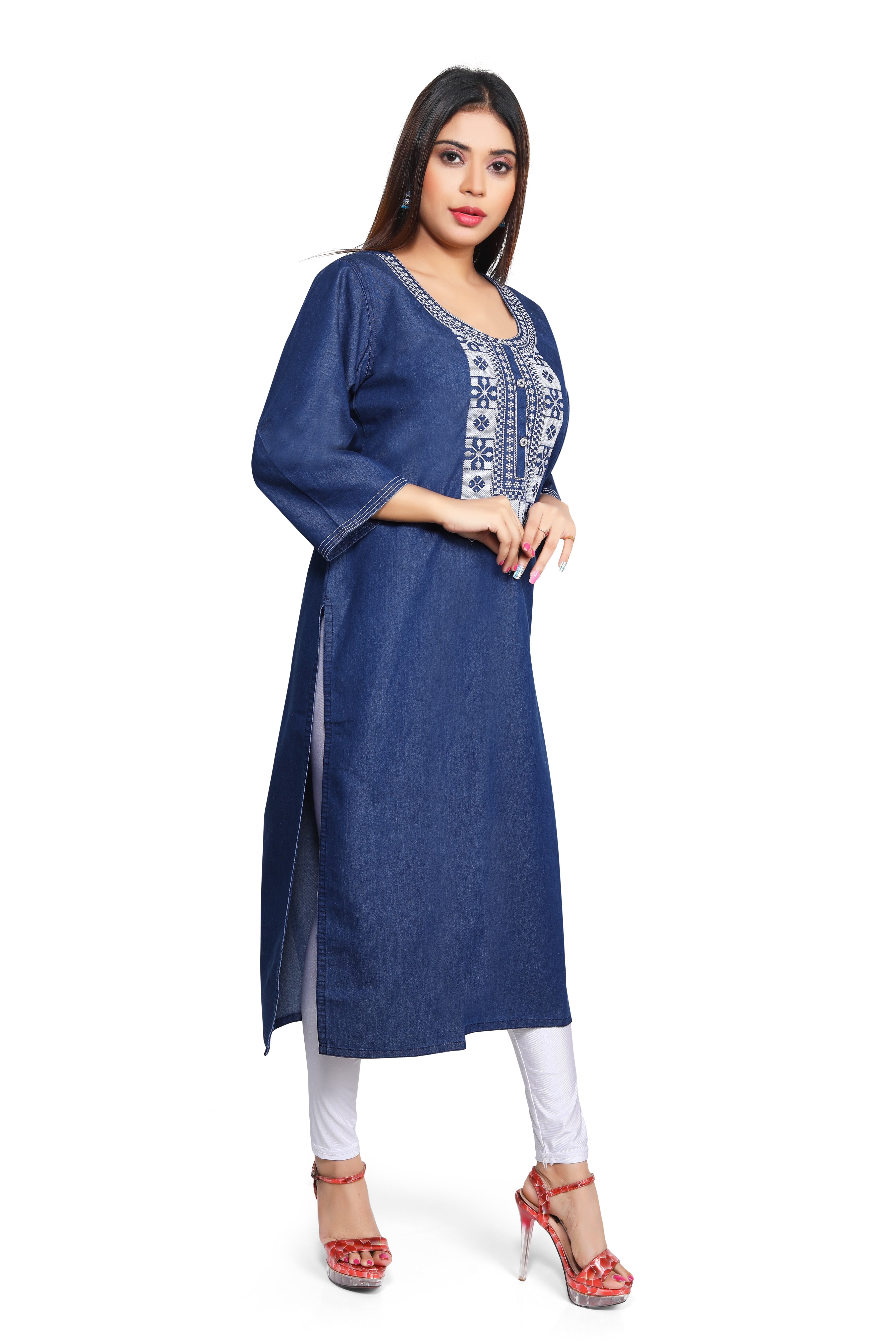 Denim Embroidered Cross stiches Round Neck Kurta