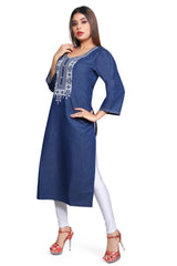 Denim Embroidered Cross stiches Round Neck Kurta