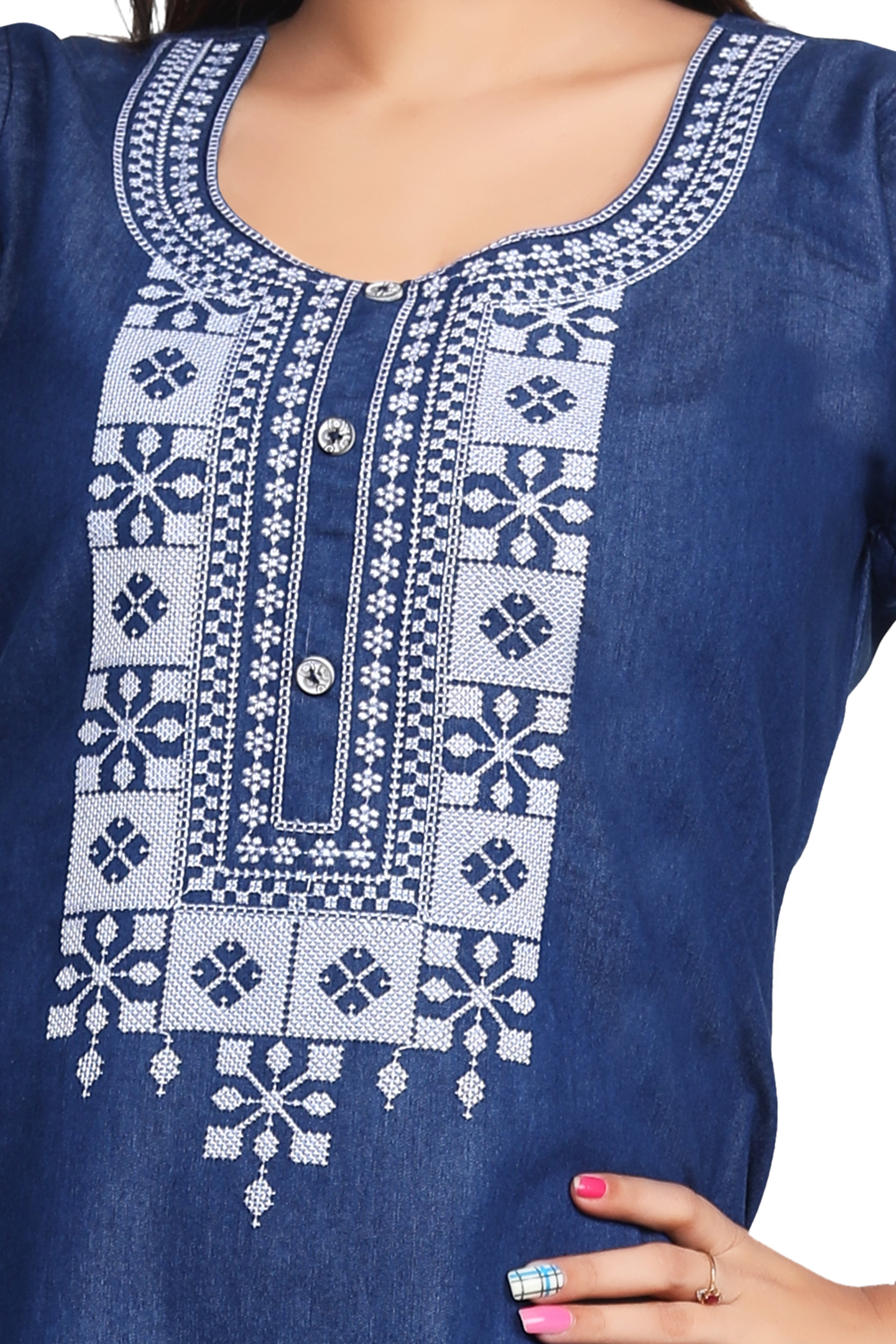 Denim Embroidered Cross stiches Round Neck Kurta