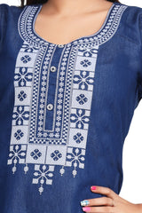 Denim Embroidered Cross stiches Round Neck Kurta