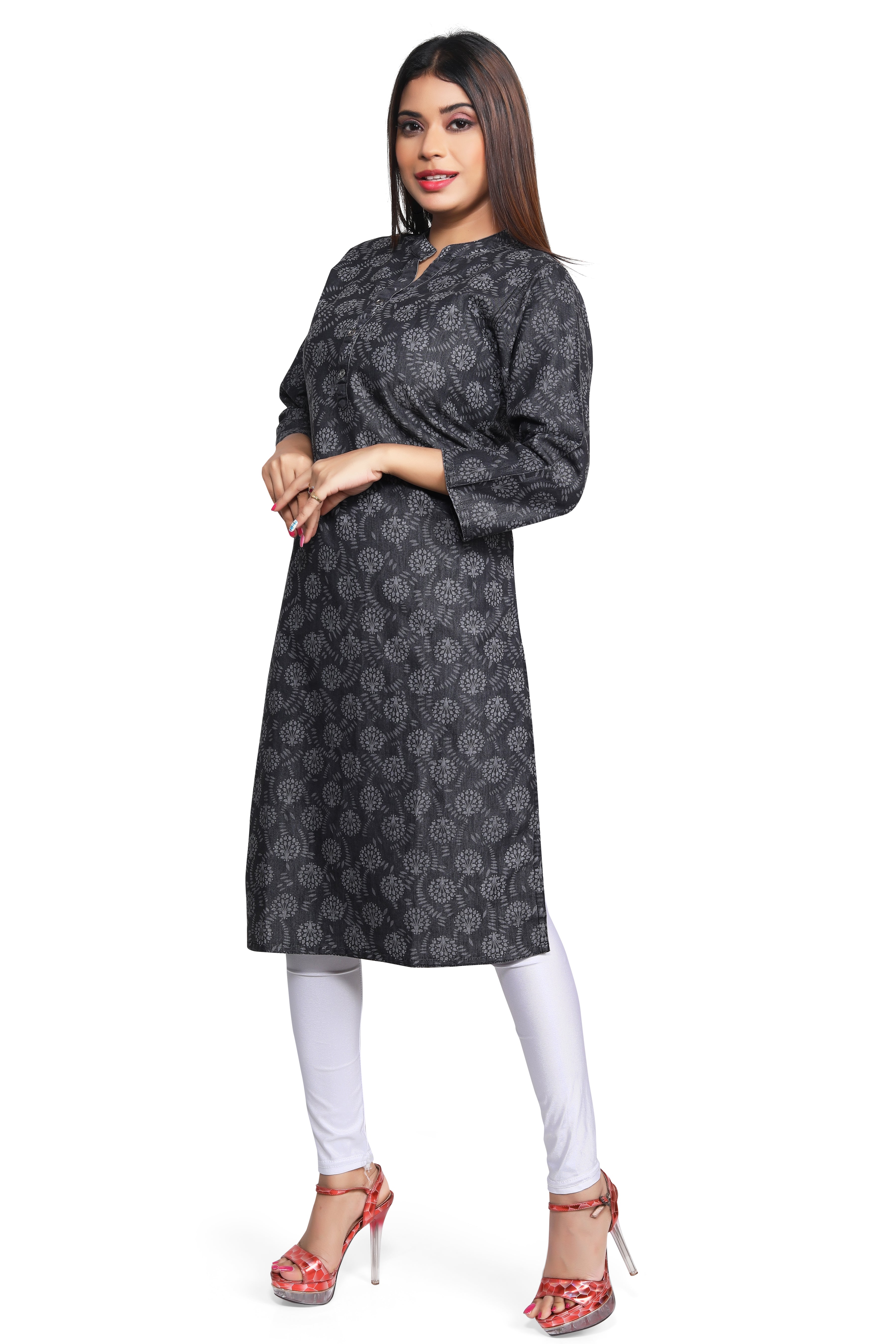 Black Denim allover Butta Printed Kurta