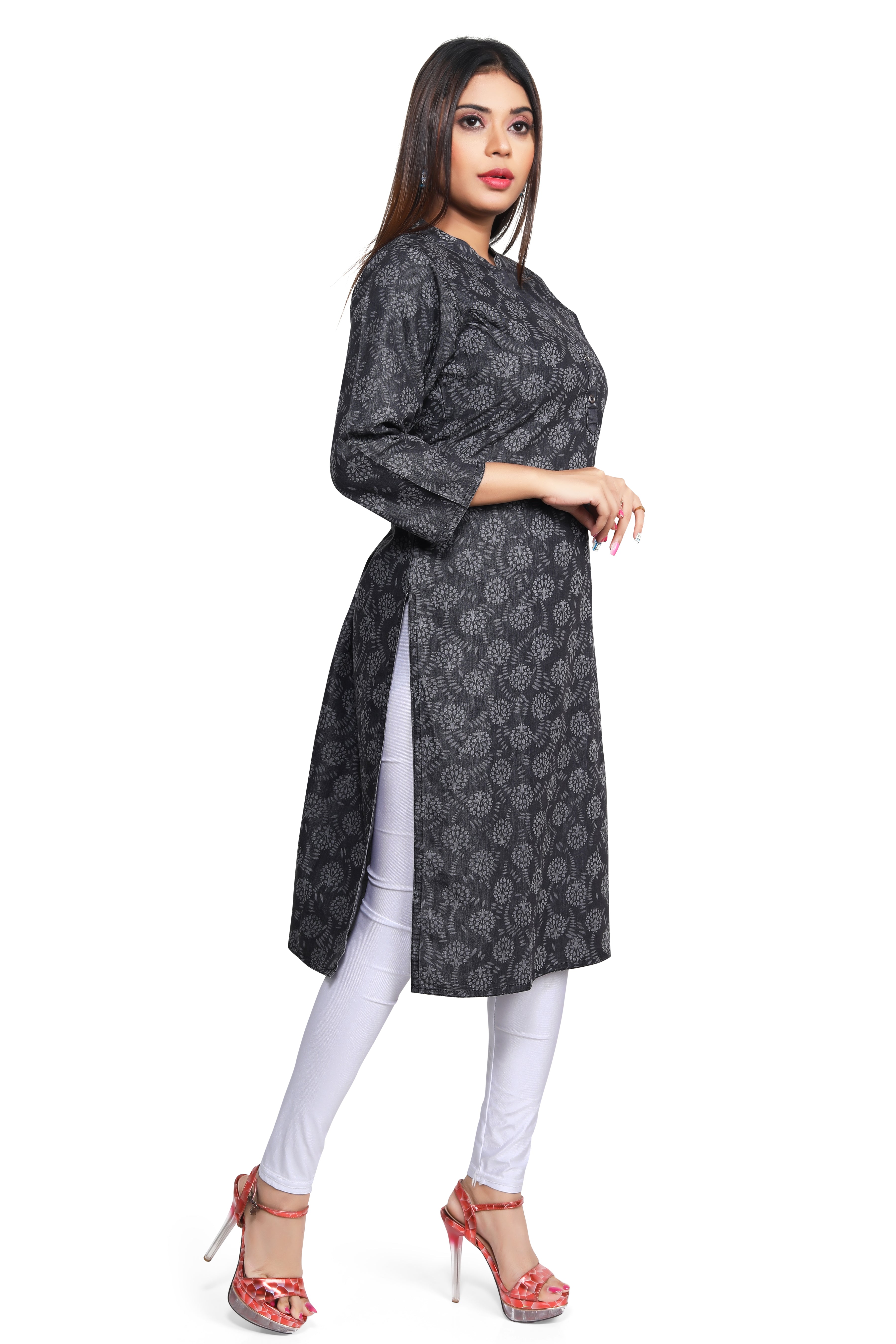 Black Denim allover Butta Printed Kurta