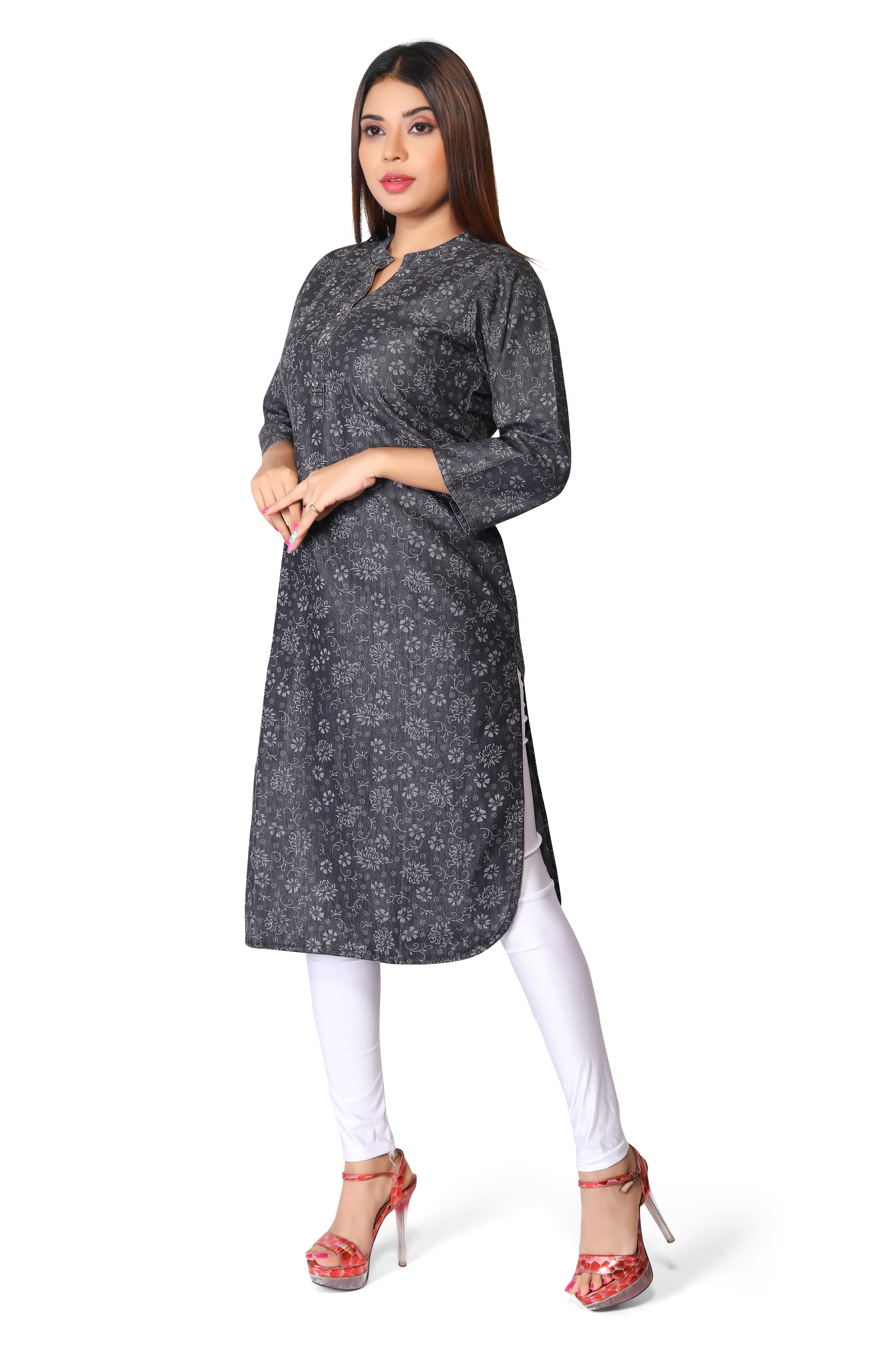Black Denim Printed allover Butta Kurta