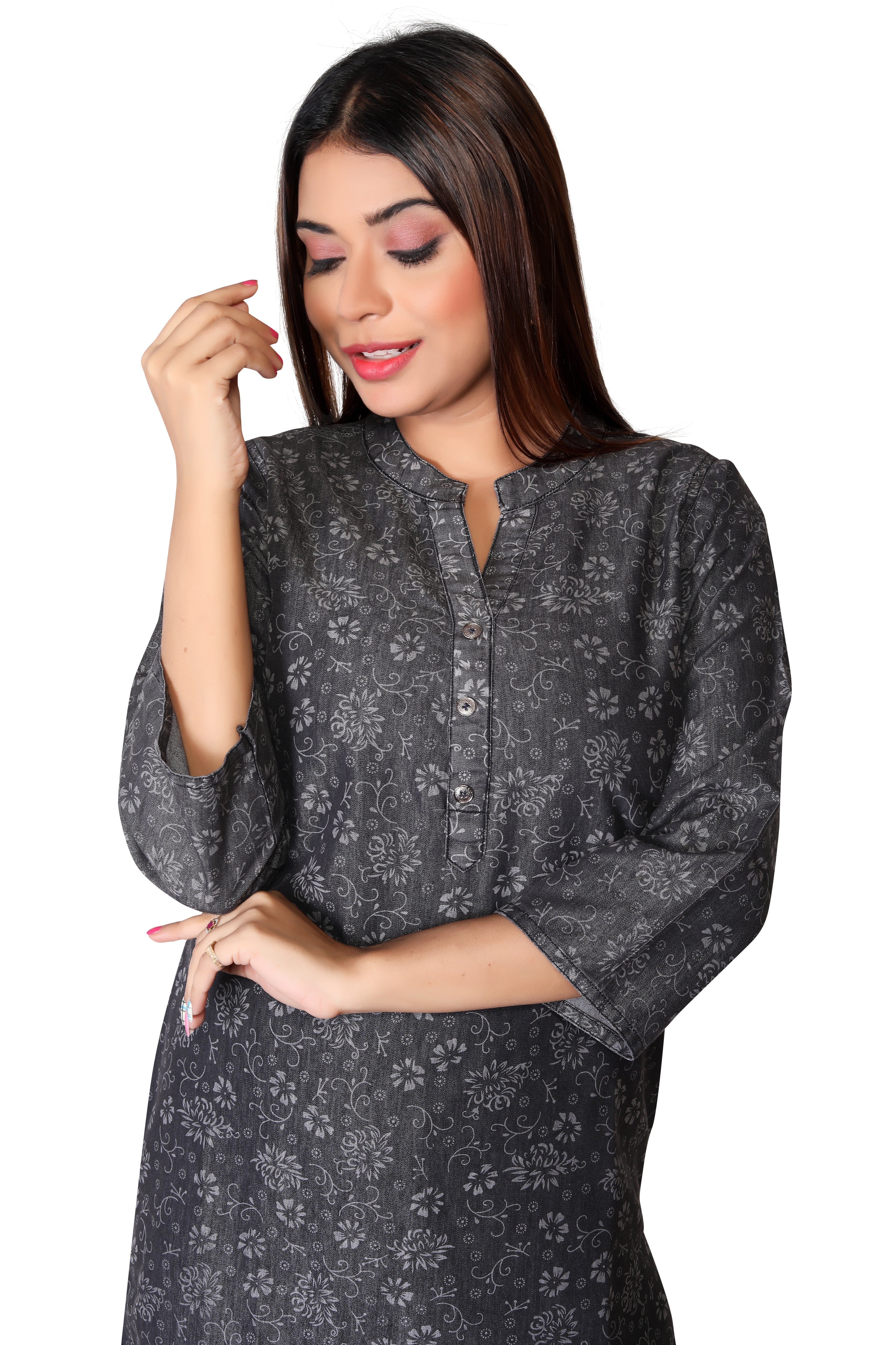 Black Denim Printed allover Butta Kurta