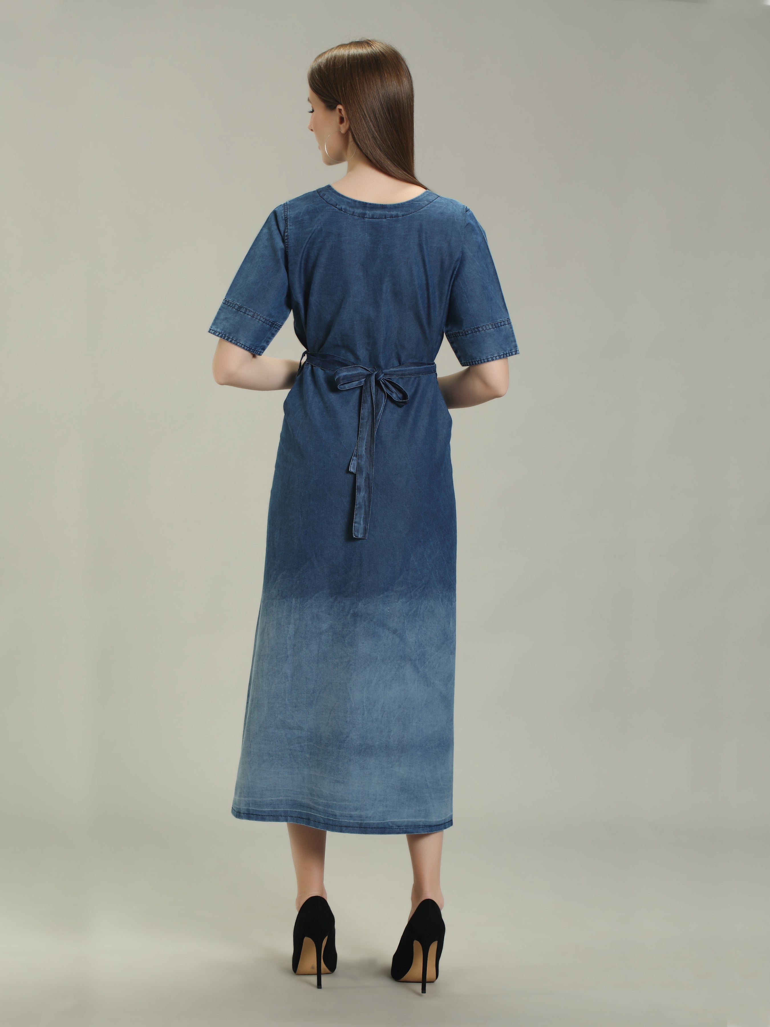 Denim Solid Fawn clr Stichs V Neck SL One-pieces Dress with belt