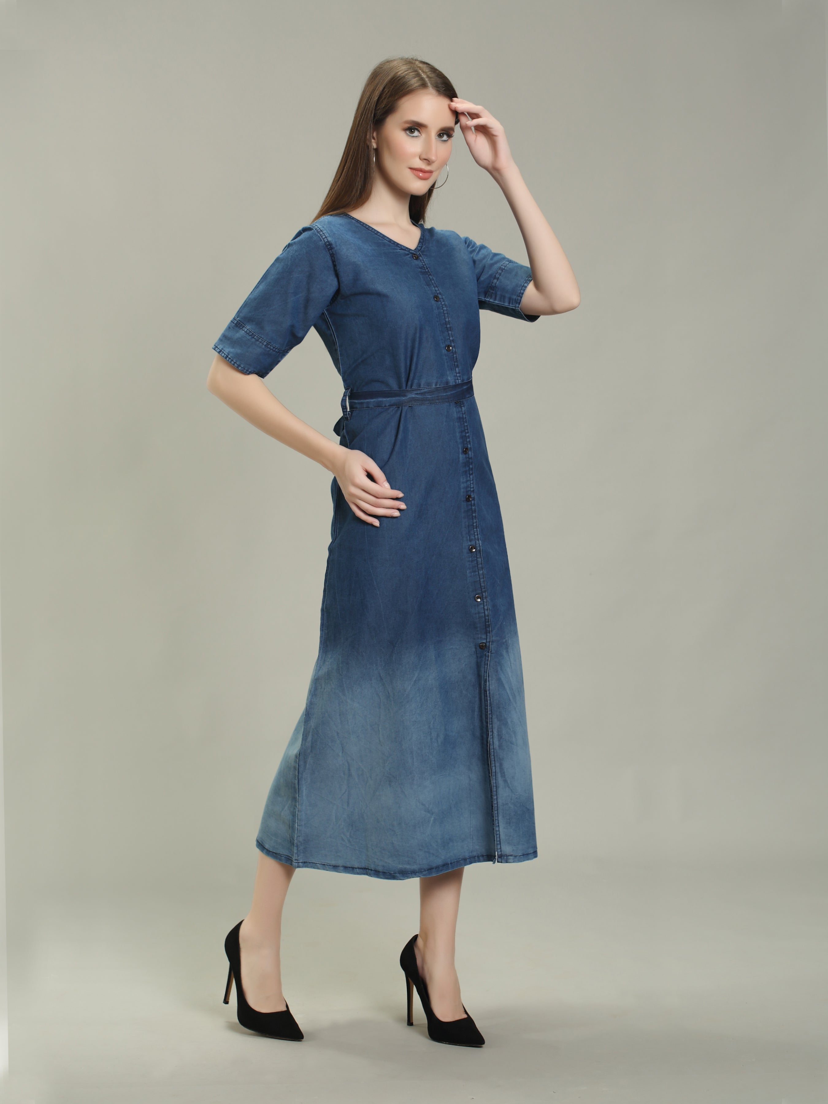 Denim Solid Fawn clr Stichs V Neck SL One-pieces Dress with belt