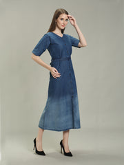 Denim Solid Fawn clr Stichs V Neck SL One-pieces Dress with belt