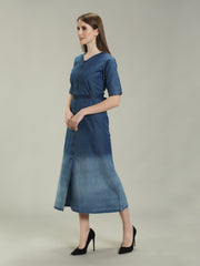 Denim Solid Fawn clr Stichs V Neck SL One-pieces Dress with belt