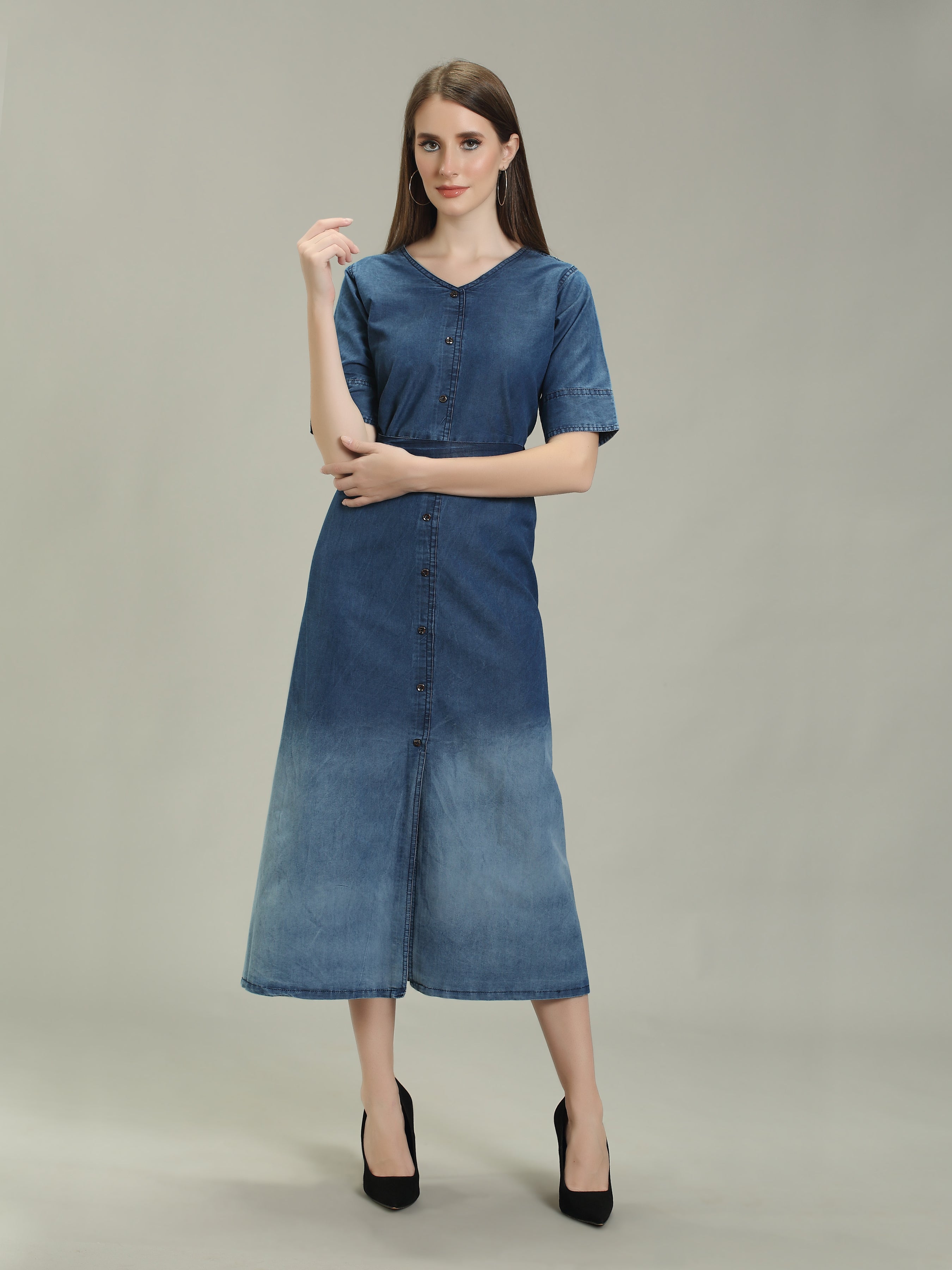 Denim Solid Fawn clr Stichs V Neck SL One-pieces Dress with belt