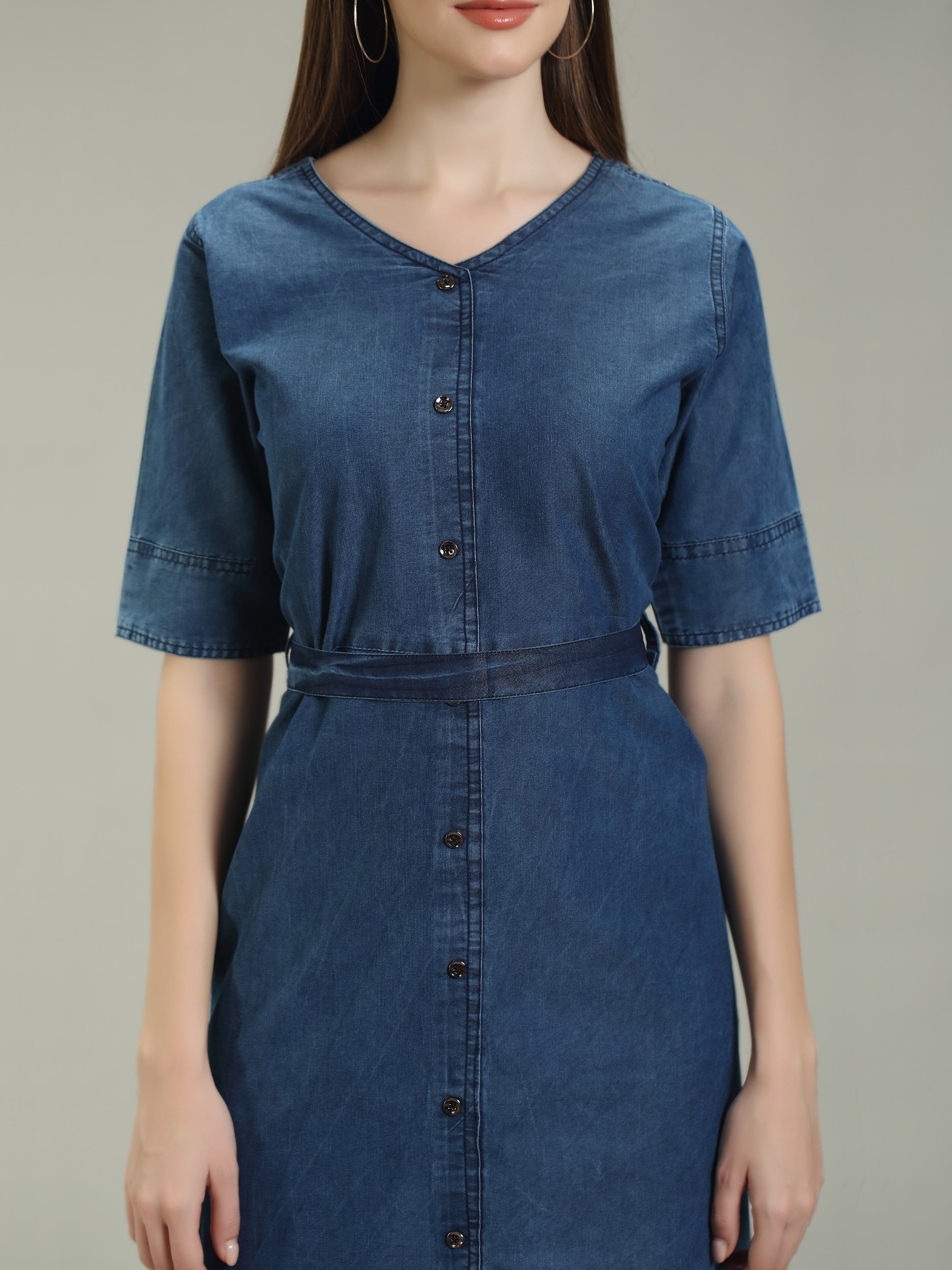 Denim Solid Fawn clr Stichs V Neck SL One-pieces Dress with belt