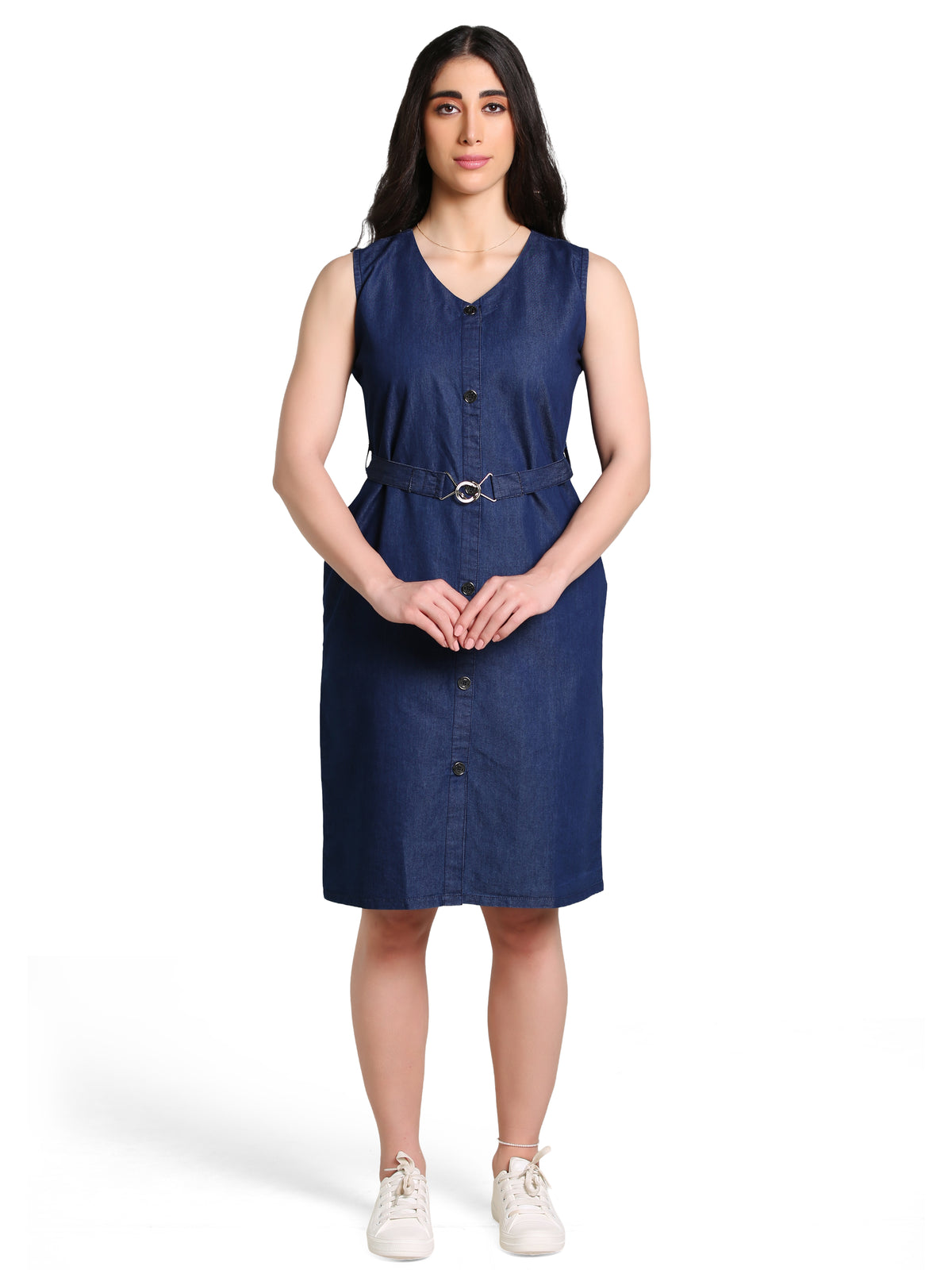 Denim Solid V Neck SL One-pieces Dress with belt