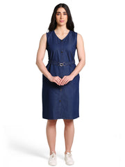Denim Solid V Neck SL One-pieces Dress with belt