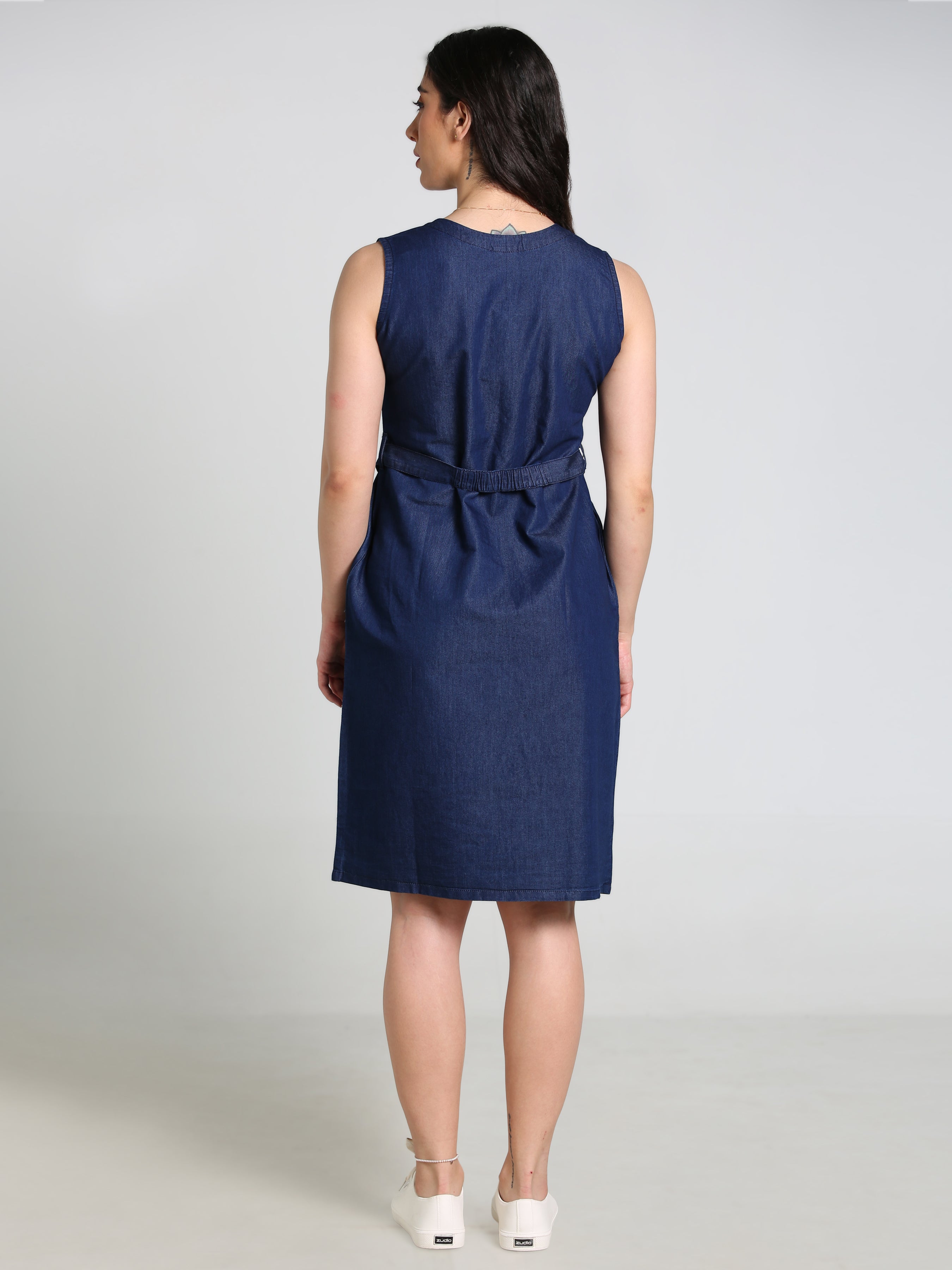 Denim Solid V Neck SL One-pieces Dress with belt