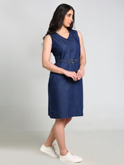 Denim Solid V Neck SL One-pieces Dress with belt