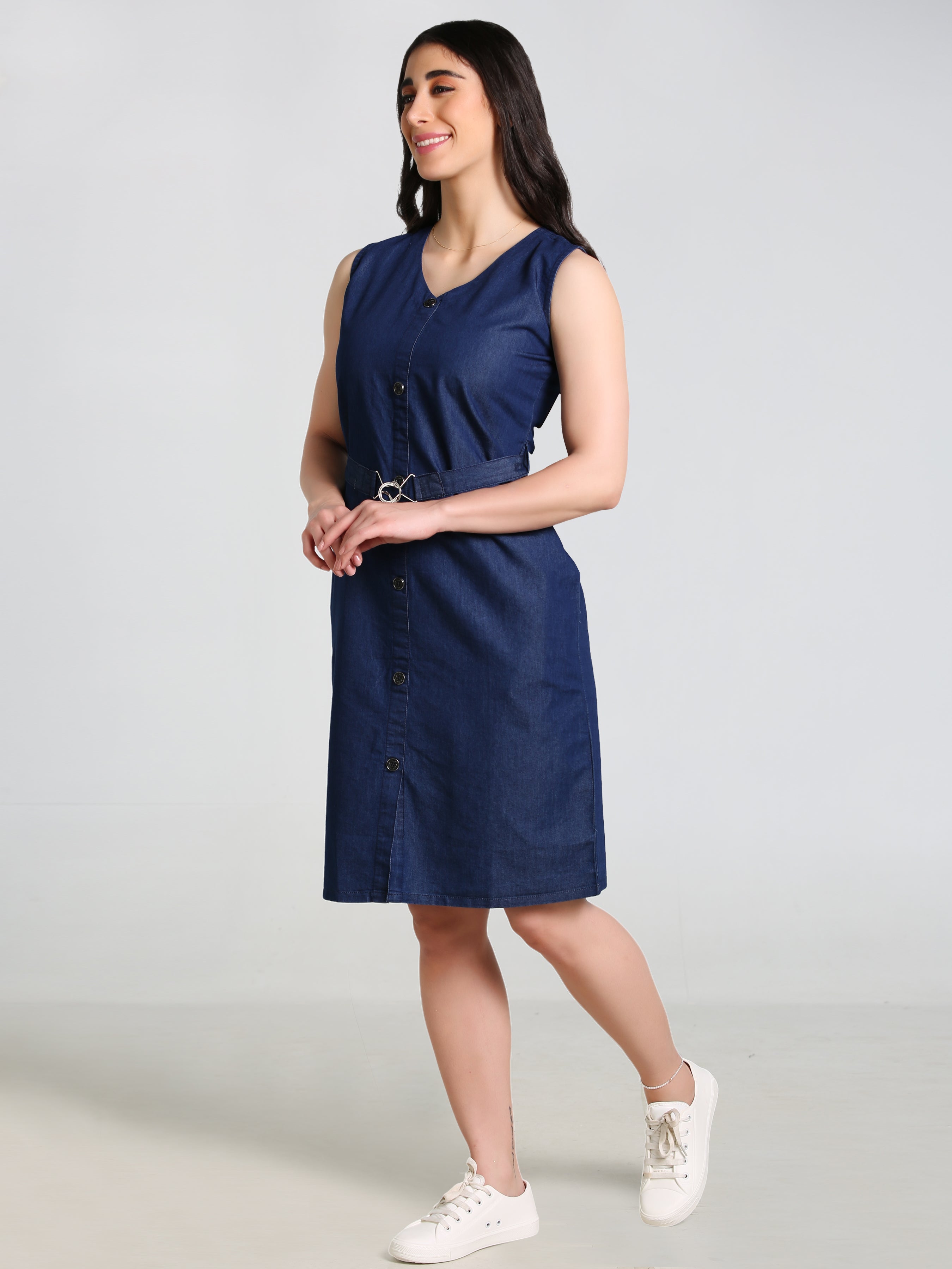 Denim Solid V Neck SL One-pieces Dress with belt