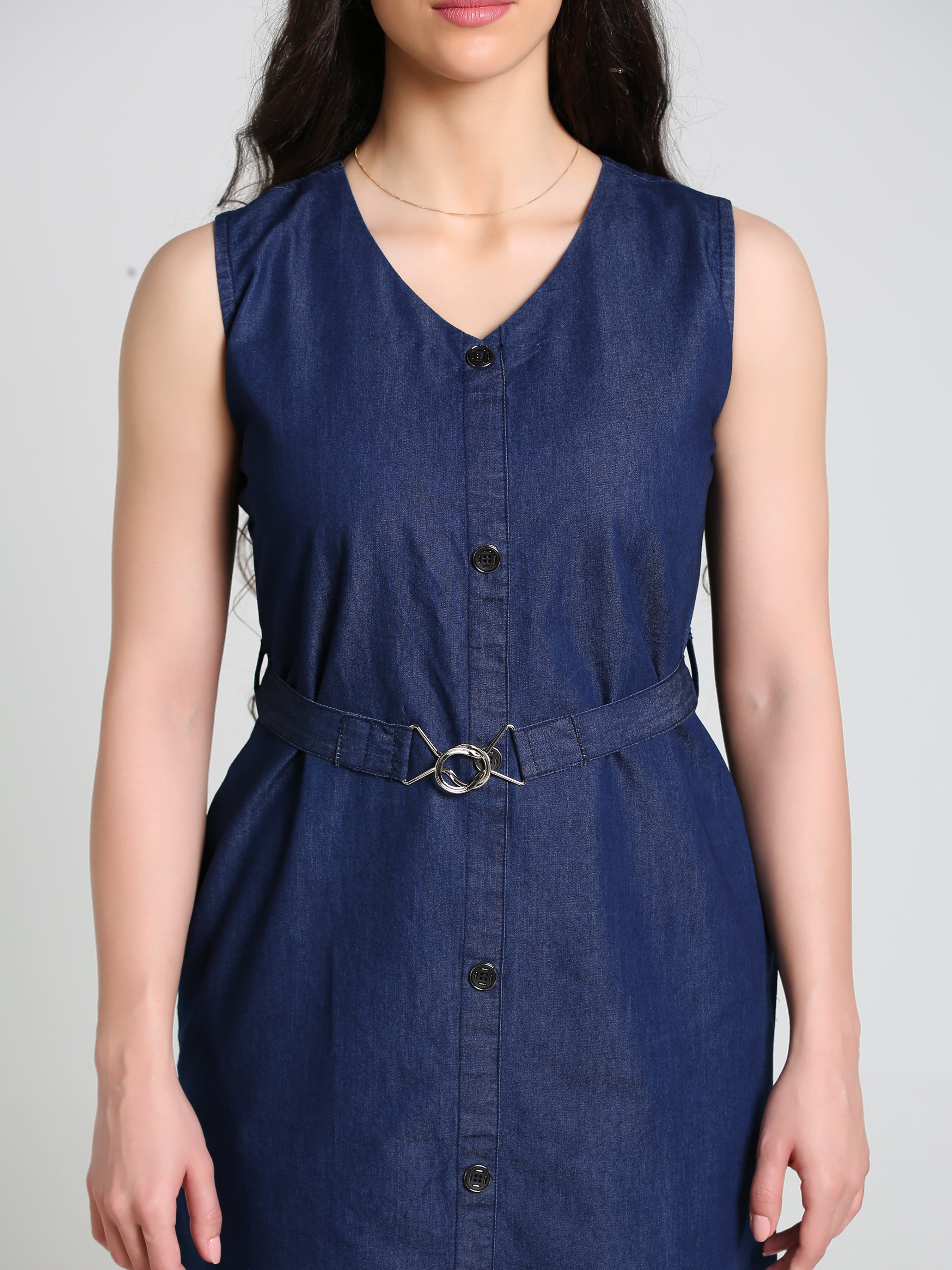Denim Solid V Neck SL One-pieces Dress with belt